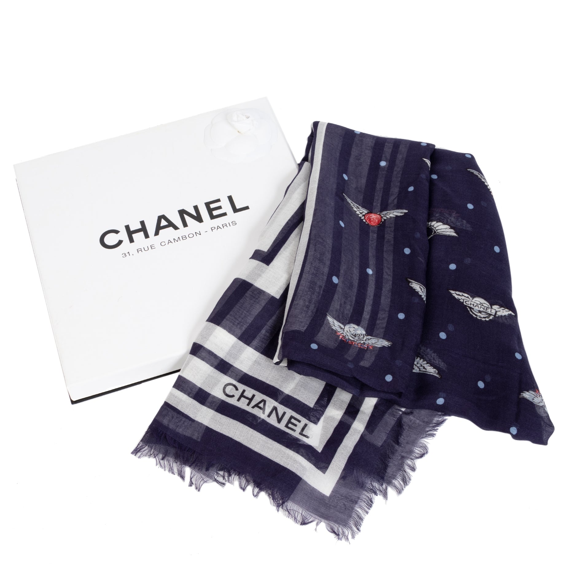 Buy and sell your 100% authentic Chanel Blue Polka Dot Airlines Logo Mondal Scarf