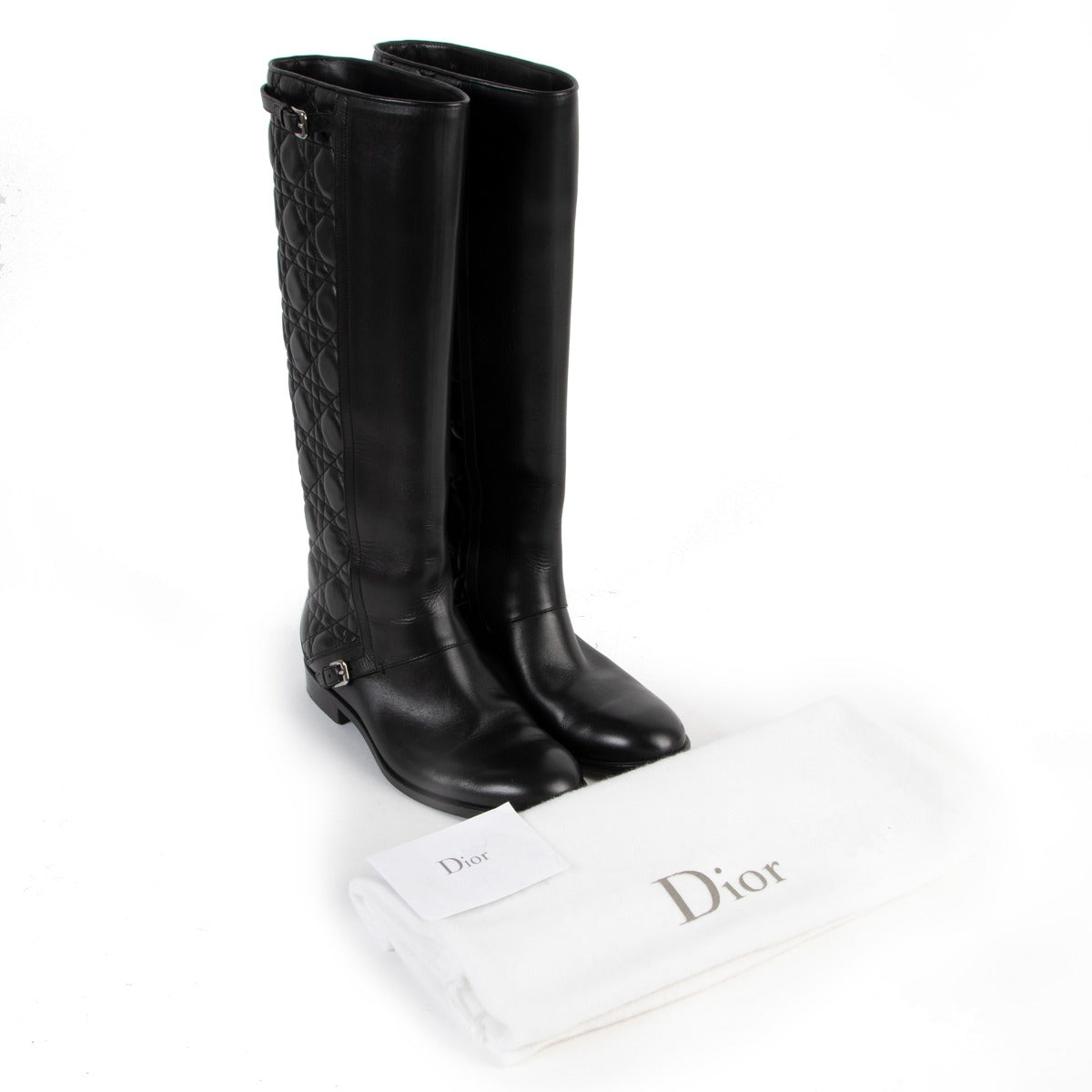 Buy a 100% authentic pair of second hand Christian Dior Black Cannage Quilted Leather City High Flat Boots Size 37 at Labellov