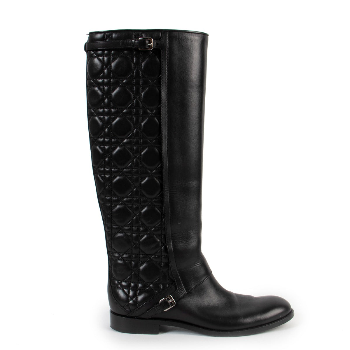 Christian Dior Zwarte Cannage Gewatteerde Leren City High Platte Laarzen - Maat 37