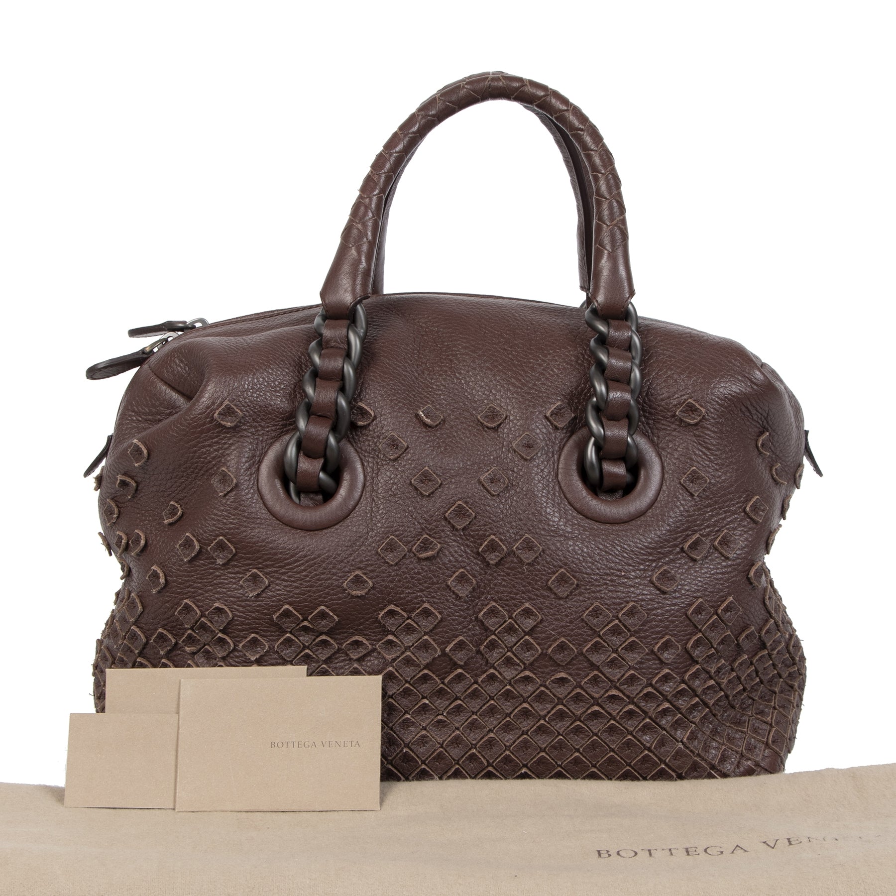 Authentique seconde-main vintage Bottega Veneta Intorechato Mini Boston Top Handle Bag Dark Brown Deer achète en ligne webshop LabelLOV