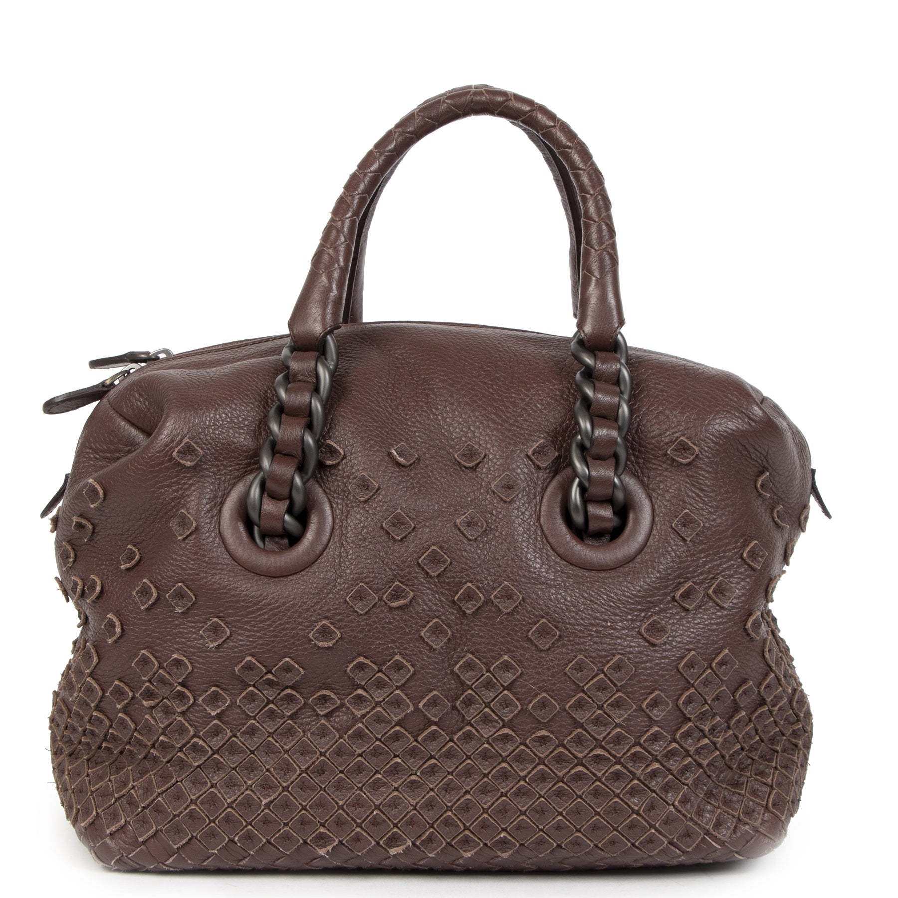 Authentieke tweedehands vintage Bottega Veneta Intorechato Mini Boston Top Handle Bag Dark Brown Deer koop online webshop LabelLOV