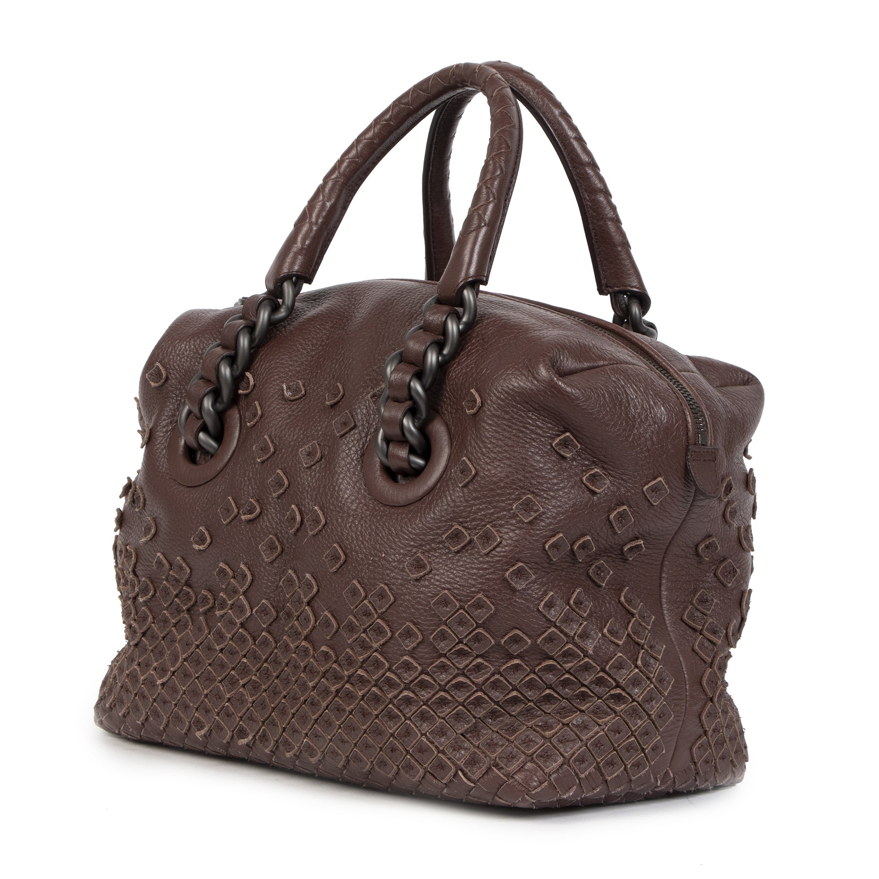 Authentic second-hand vintage Bottega Veneta Intorechato Mini Boston Top Handle Bag Dark Brown Deer buy online webshop LabelLOV