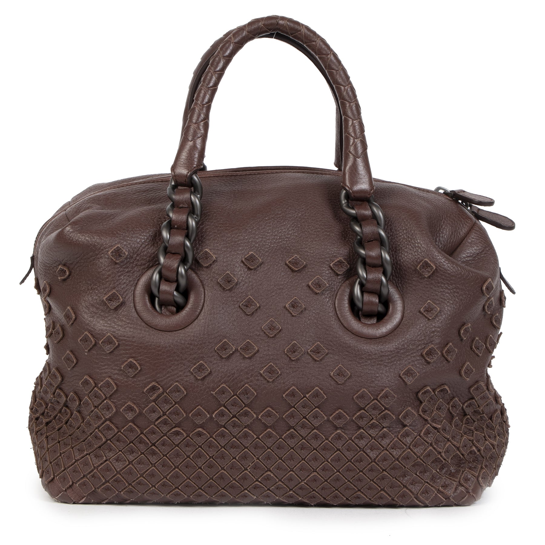 Authentique seconde-main vintage Bottega Veneta Intorechato Mini Boston Top Handle Bag Dark Brown Deer achète en ligne webshop LabelLOV