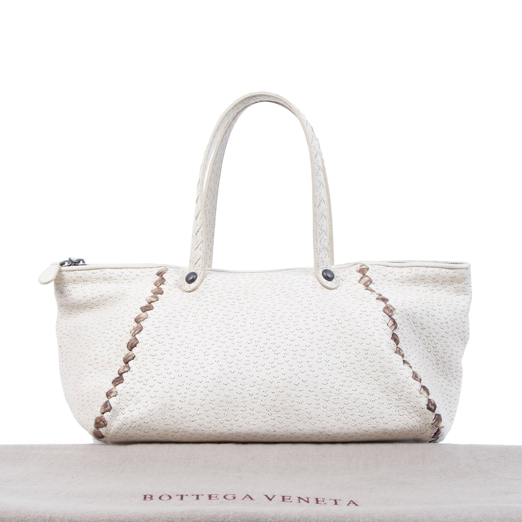 Authentic second-hand vintage Bottega Veneta Cream Cervo Deerskin Perforated Zip Tote buy online webshop LabelLOV