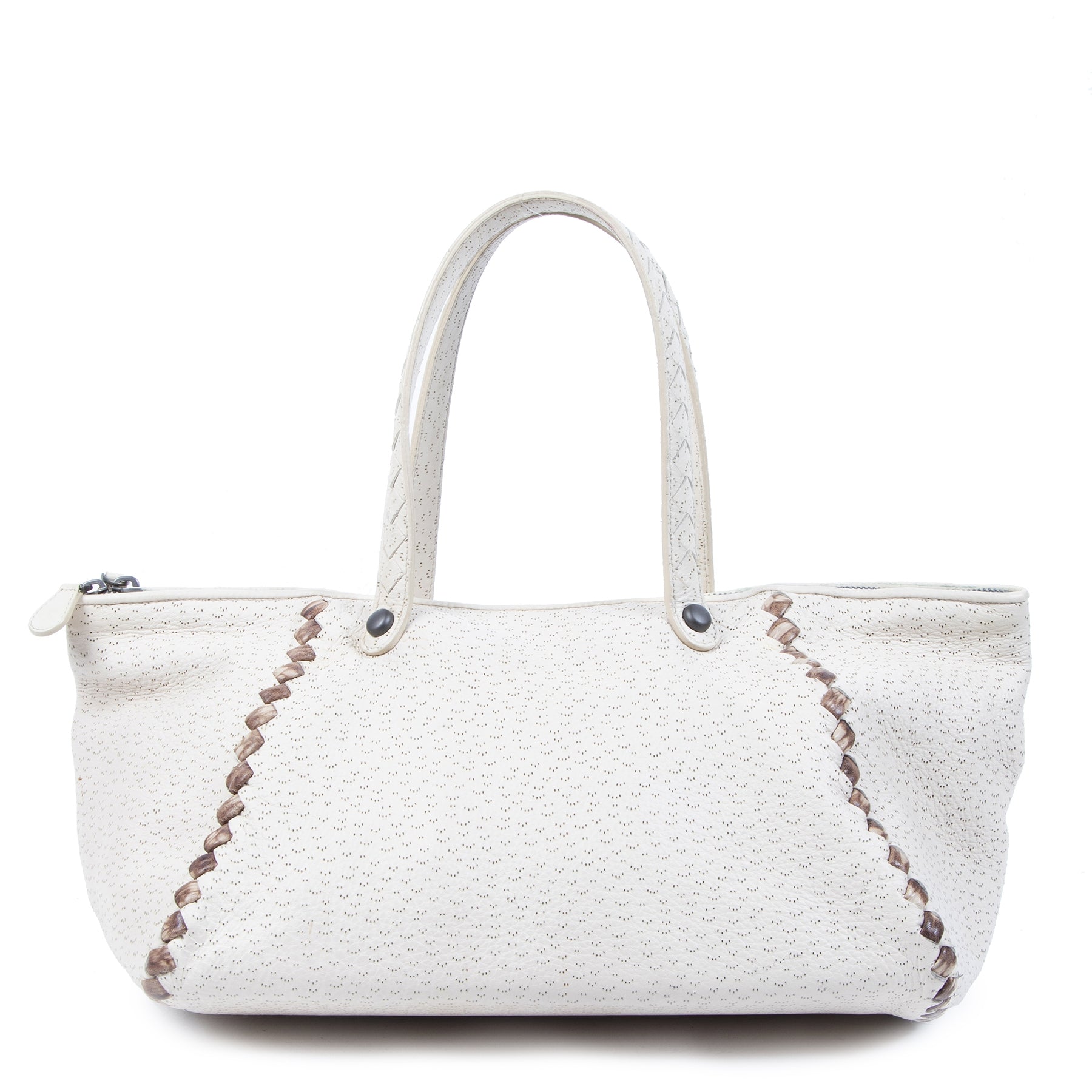 Authentic second-hand vintage Bottega Veneta Cream Cervo Deerskin Perforated Zip Tote buy online webshop LabelLOV