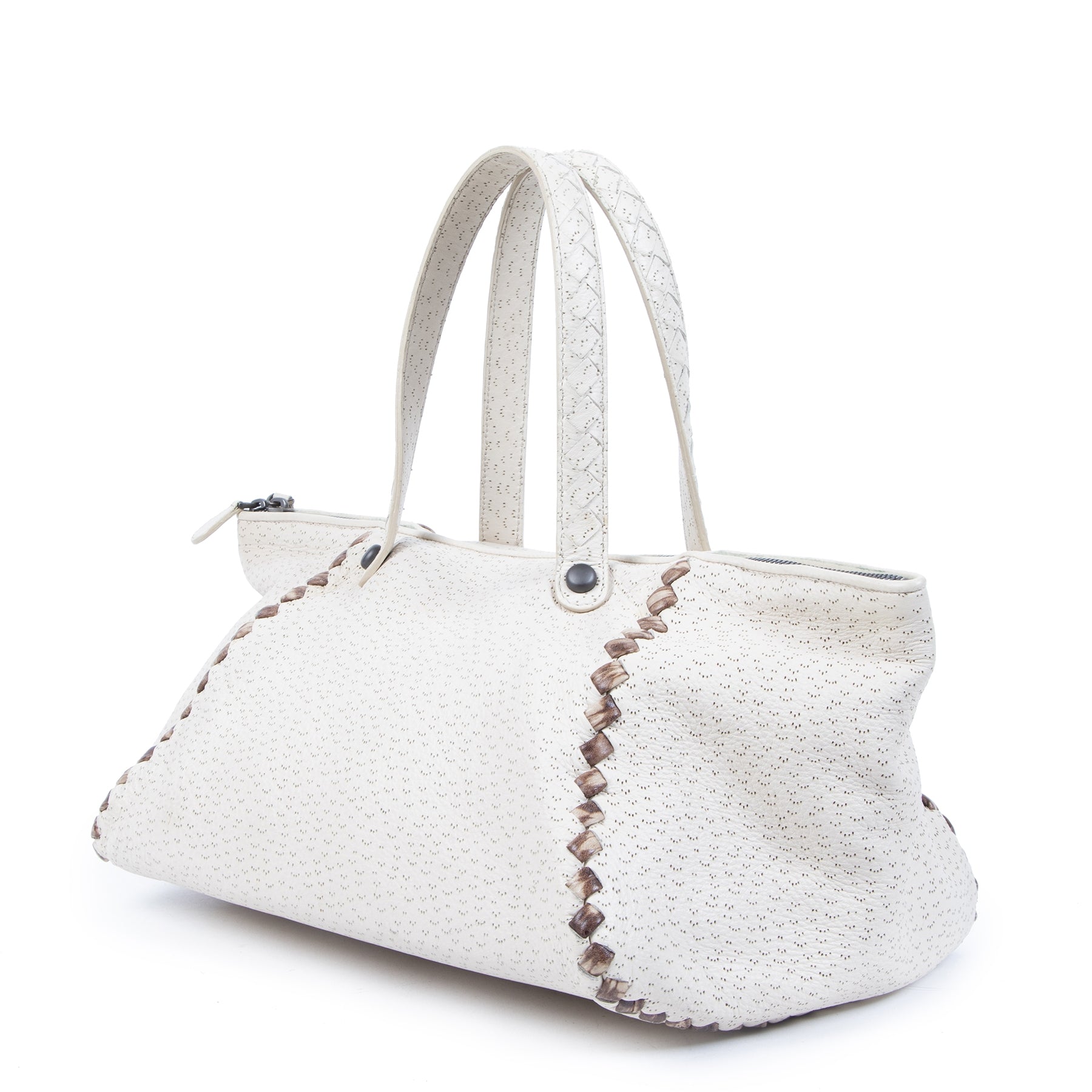 Authentic second-hand vintage Bottega Veneta Cream Cervo Deerskin Perforated Zip Tote buy online webshop LabelLOV