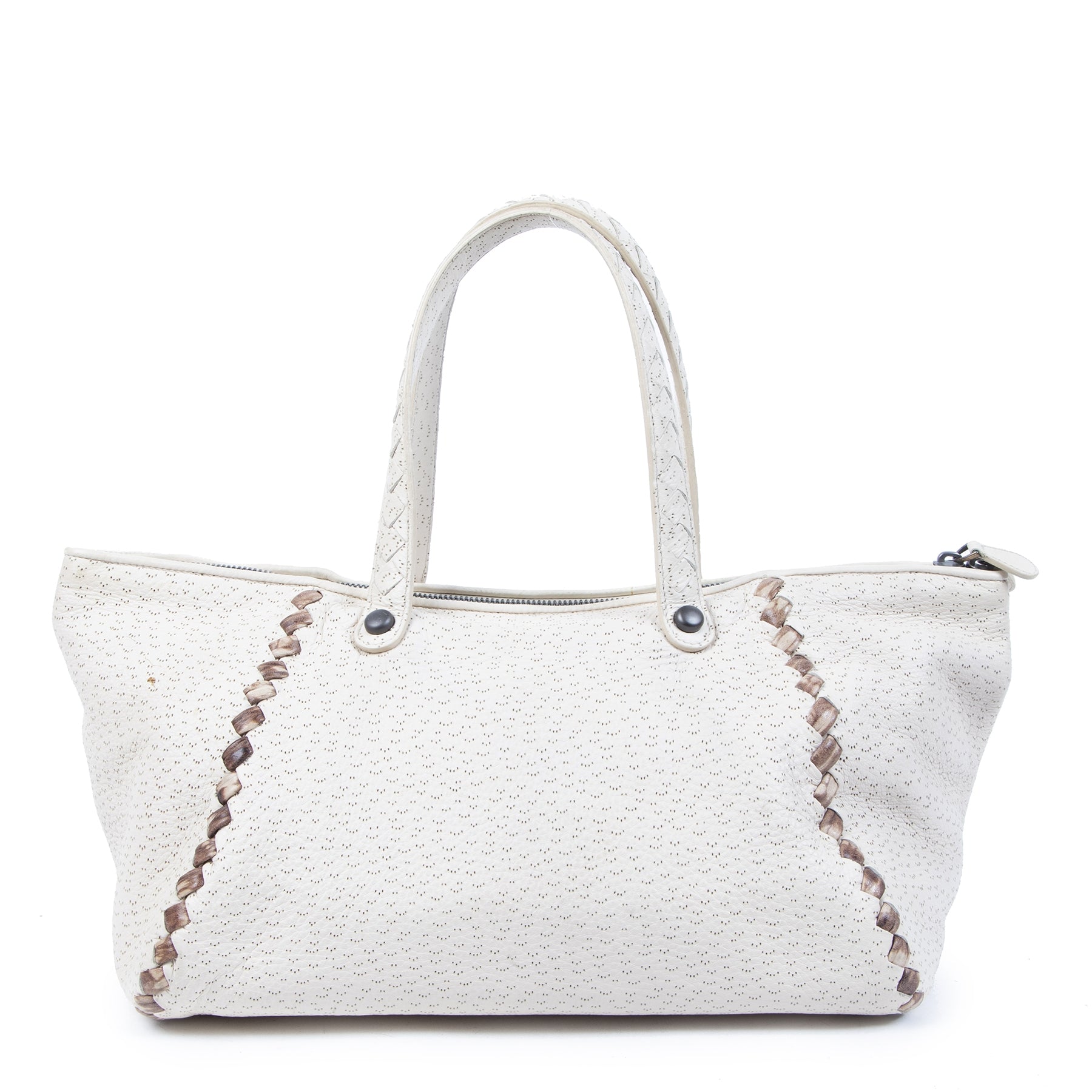 Authentic second-hand vintage Bottega Veneta Cream Cervo Deerskin Perforated Zip Tote buy online webshop LabelLOV