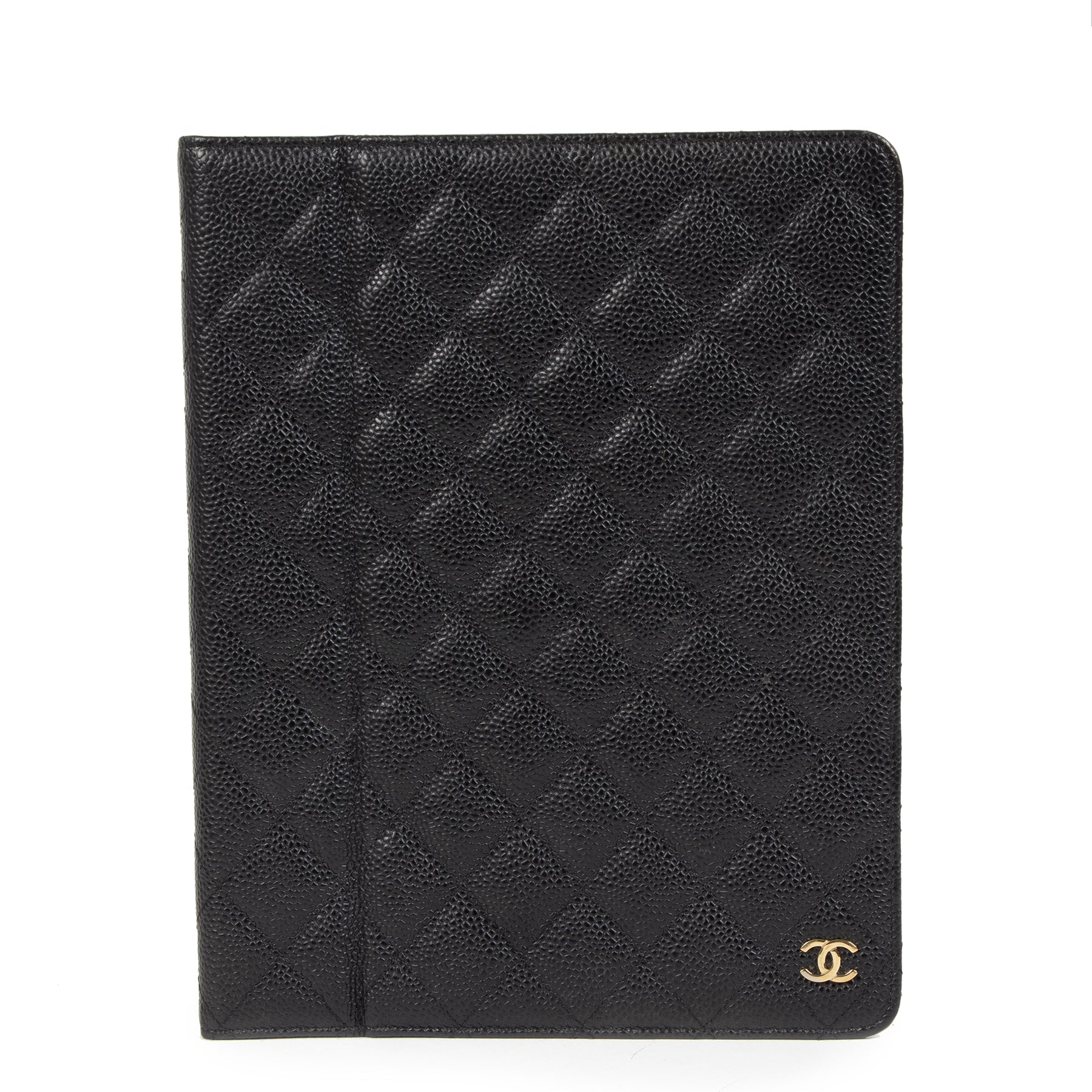 Authentieke Tweedehands Chanel Black Caviar Leather Ipad 2 / 3 Case juiste prijs veilig online shoppen luxe merken webshop winkelen Antwerpen België mode fashion ipad hoes zwart leder