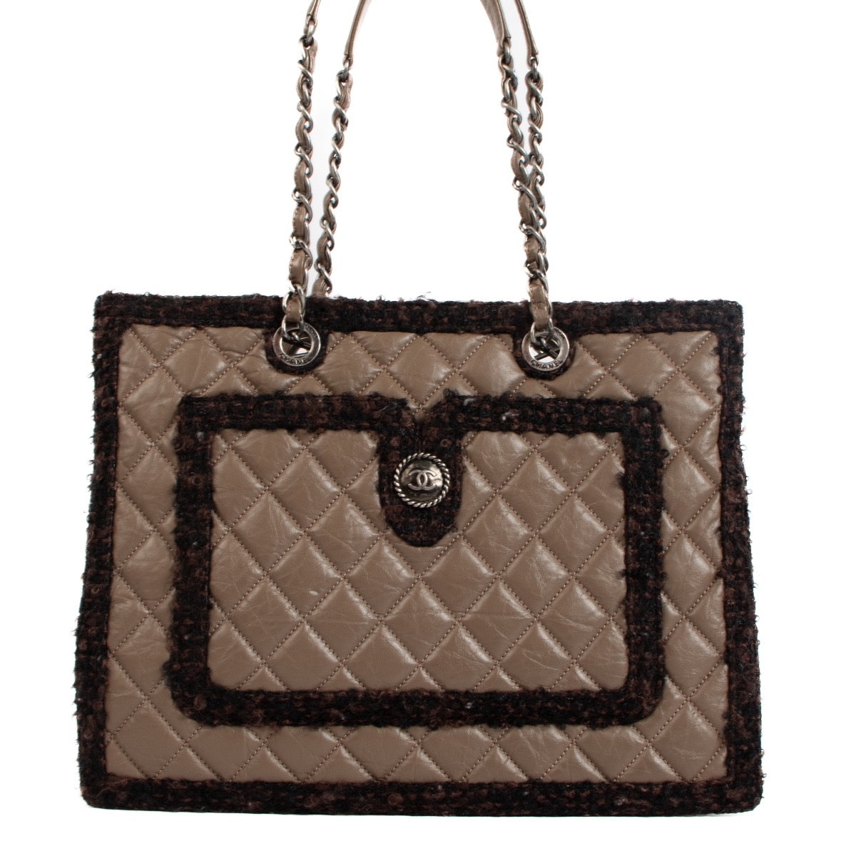 Chanel Taupe Tweed Trim Calfskin Secrets Tote Bag