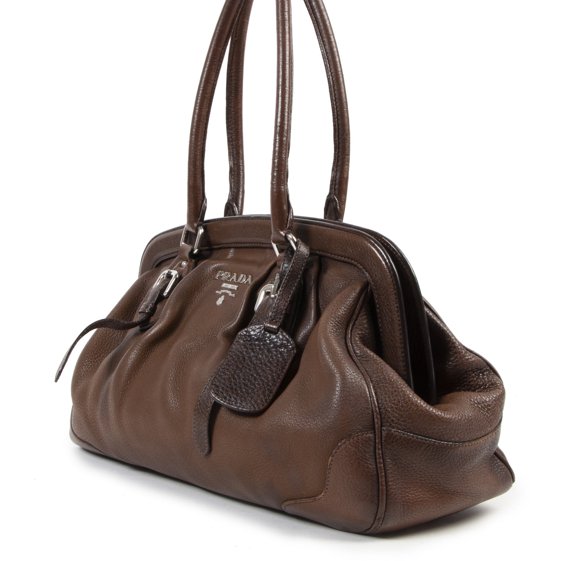 Prada Brown Two Tone Leather Frame Bag