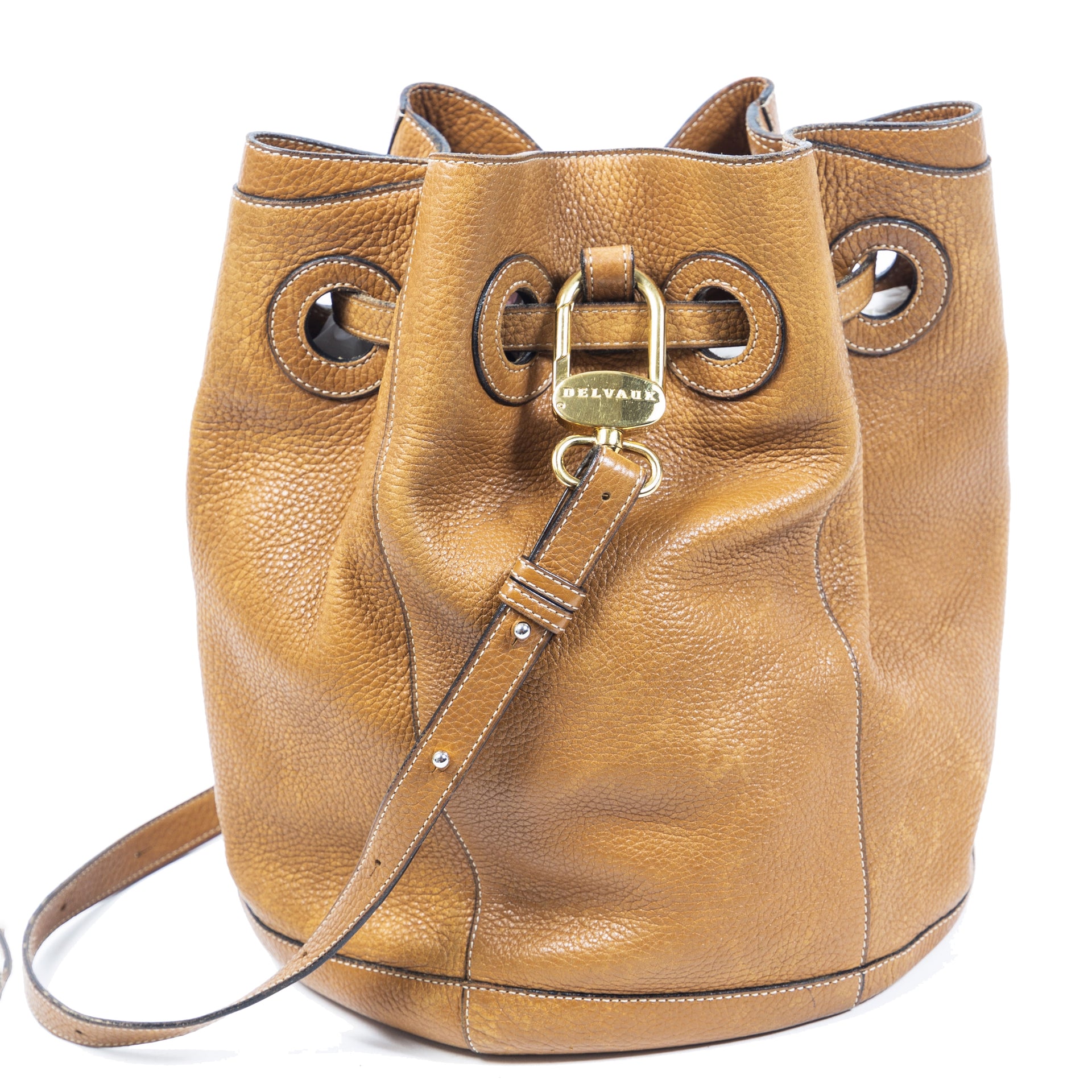 Authentieke Tweedehands Delvaux Camel Bucket Bag juiste prijs veilig online shoppen luxe merken webshop winkelen Antwerpen België mode fashion