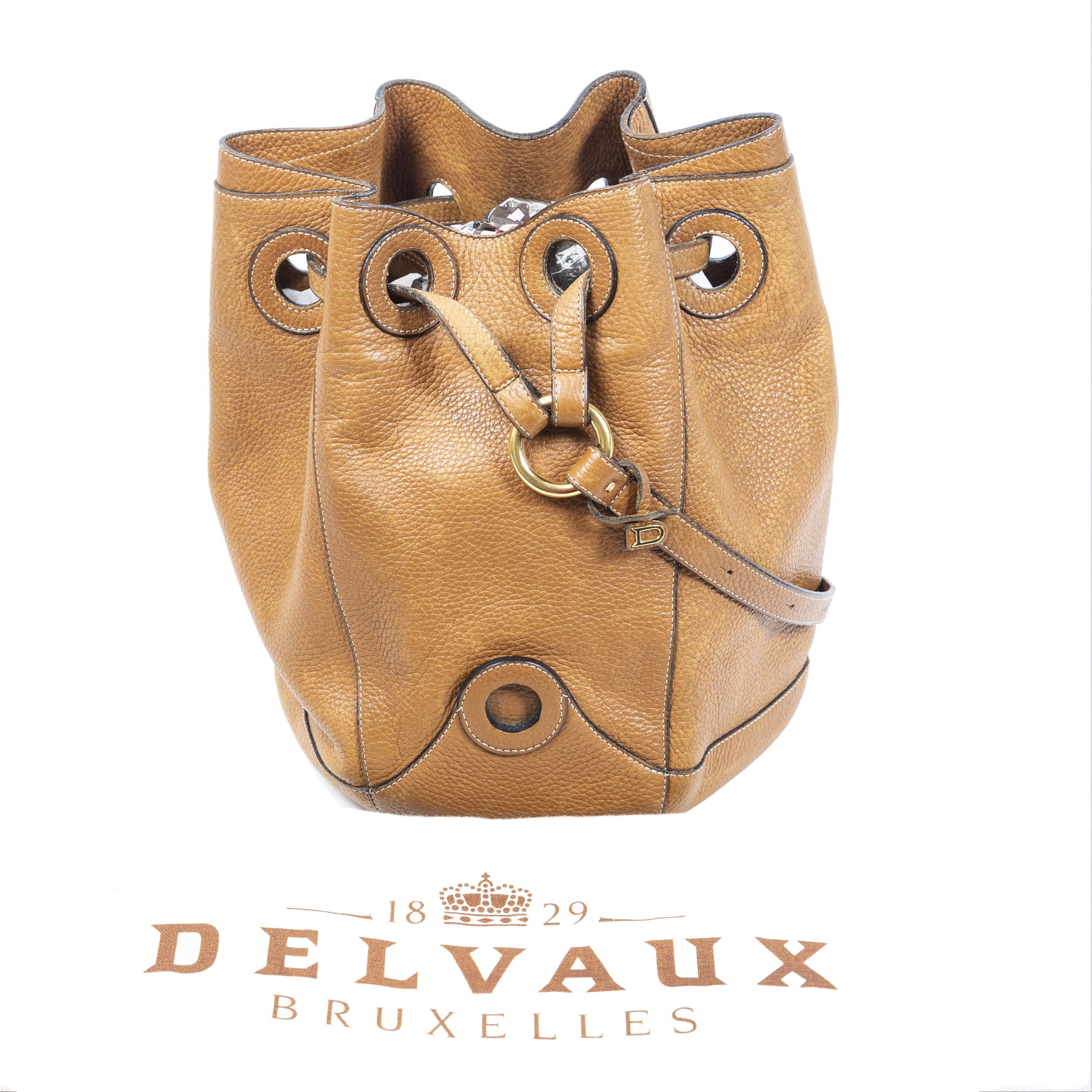 Authentieke Tweedehands Delvaux Camel Bucket Bag juiste prijs veilig online shoppen luxe merken webshop winkelen Antwerpen België mode fashion