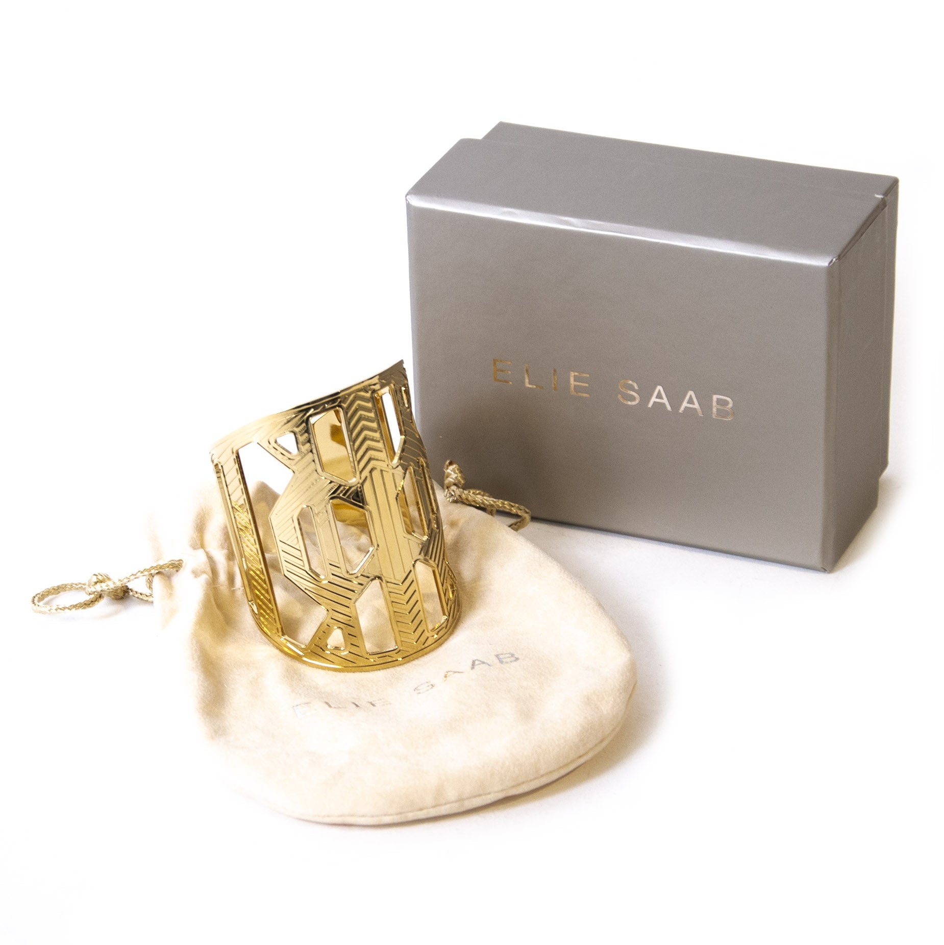 Authentieke tweedehands vintage Elie Saab Gold Cutout Bangle koop online webshop LabelLOV