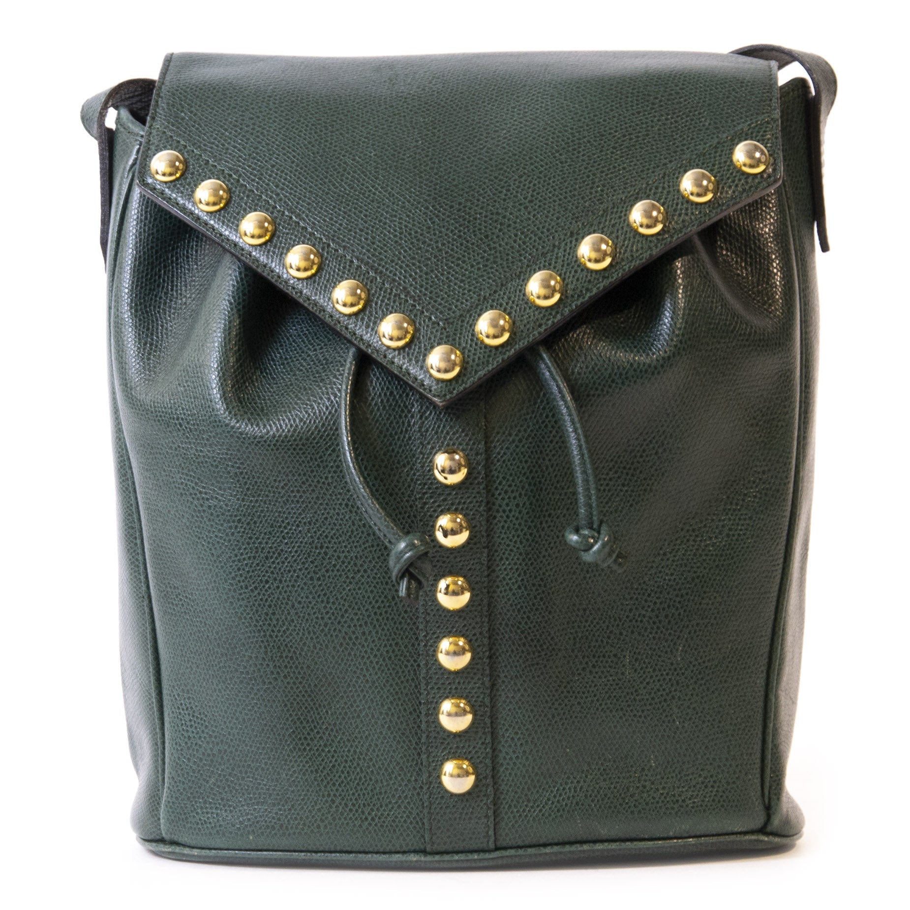 Authentieke Tweedehands Yves Saint Laurent Green Studded Bucket Bag juiste prijs veilig online winkelen luxe merken webshop Antwerpen België winkelen mode fashion
