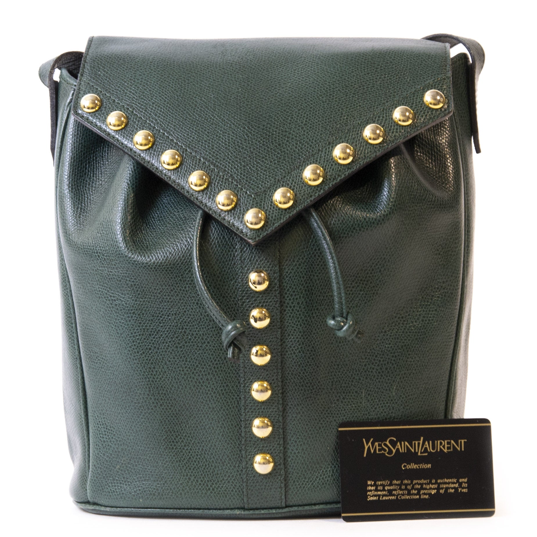 Authentieke Tweedehands Yves Saint Laurent Green Studded Bucket Bag juiste prijs veilig online winkelen luxe merken webshop Antwerpen België winkelen mode fashion