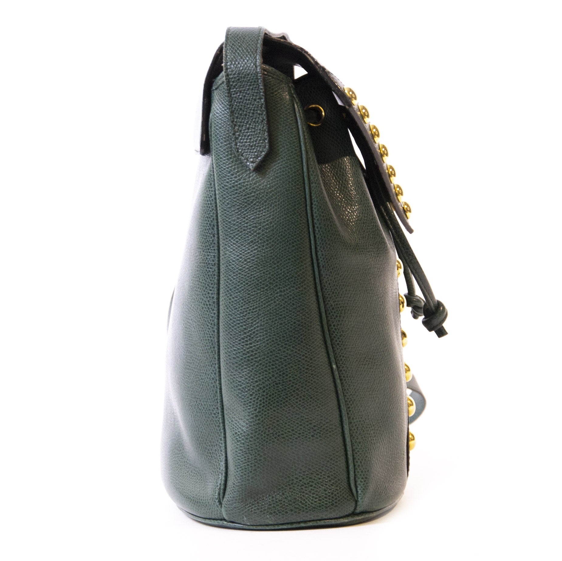 Authentieke Tweedehands Yves Saint Laurent Green Studded Bucket Bag juiste prijs veilig online winkelen luxe merken webshop Antwerpen België winkelen mode fashion