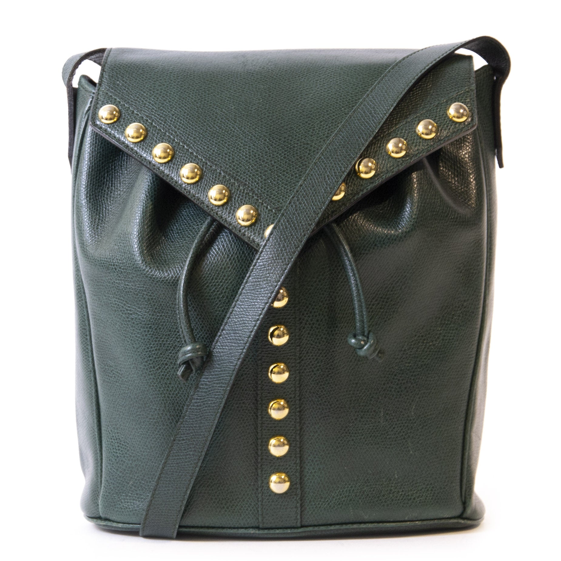 Authentieke Tweedehands Yves Saint Laurent Green Studded Bucket Bag juiste prijs veilig online winkelen luxe merken webshop Antwerpen België winkelen mode fashion
