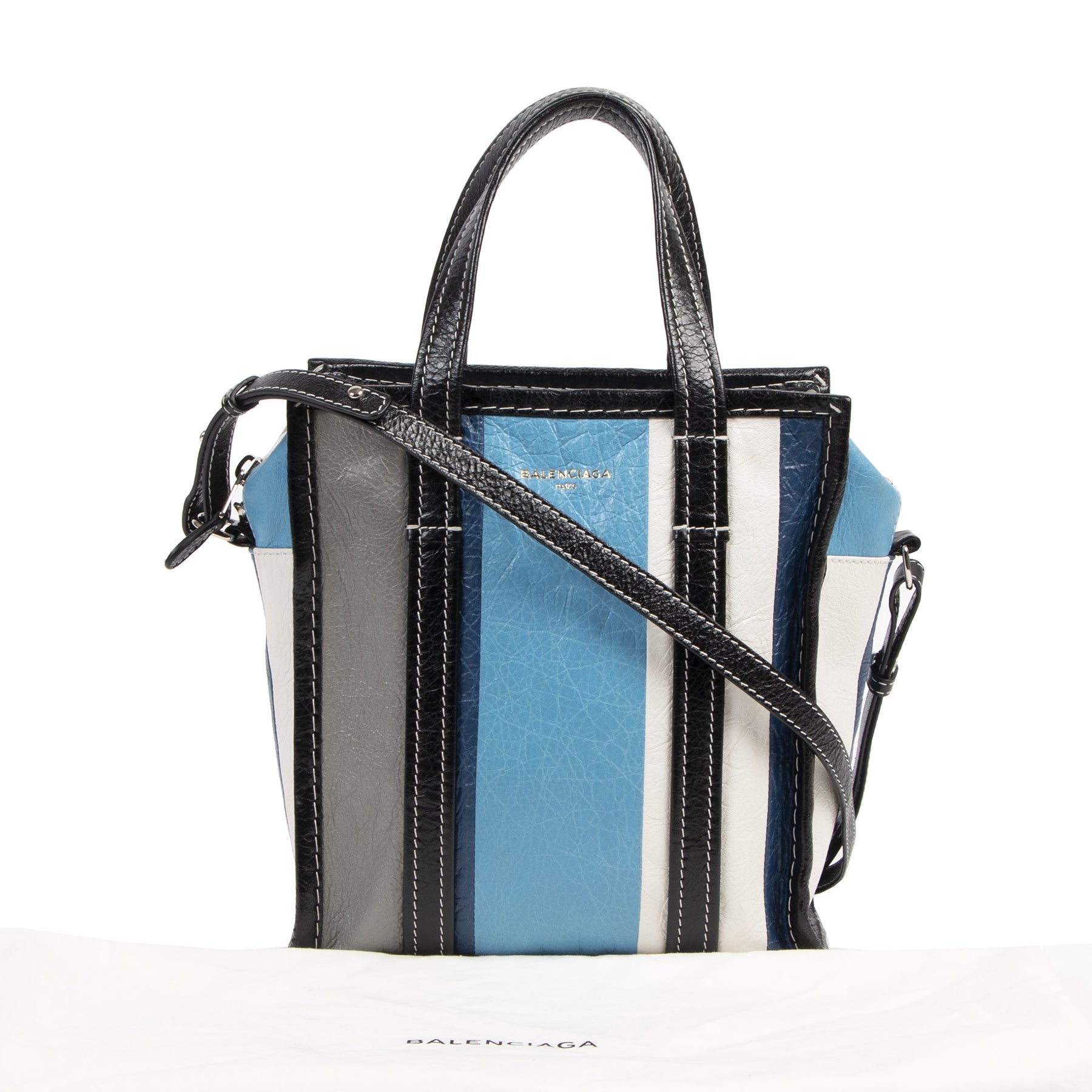 Authentic secondhand Balenciaga Blue Stripe Bazar Shopper Mini Tote Bag designer bags fashion luxury vintage webshop safe secure online shopping