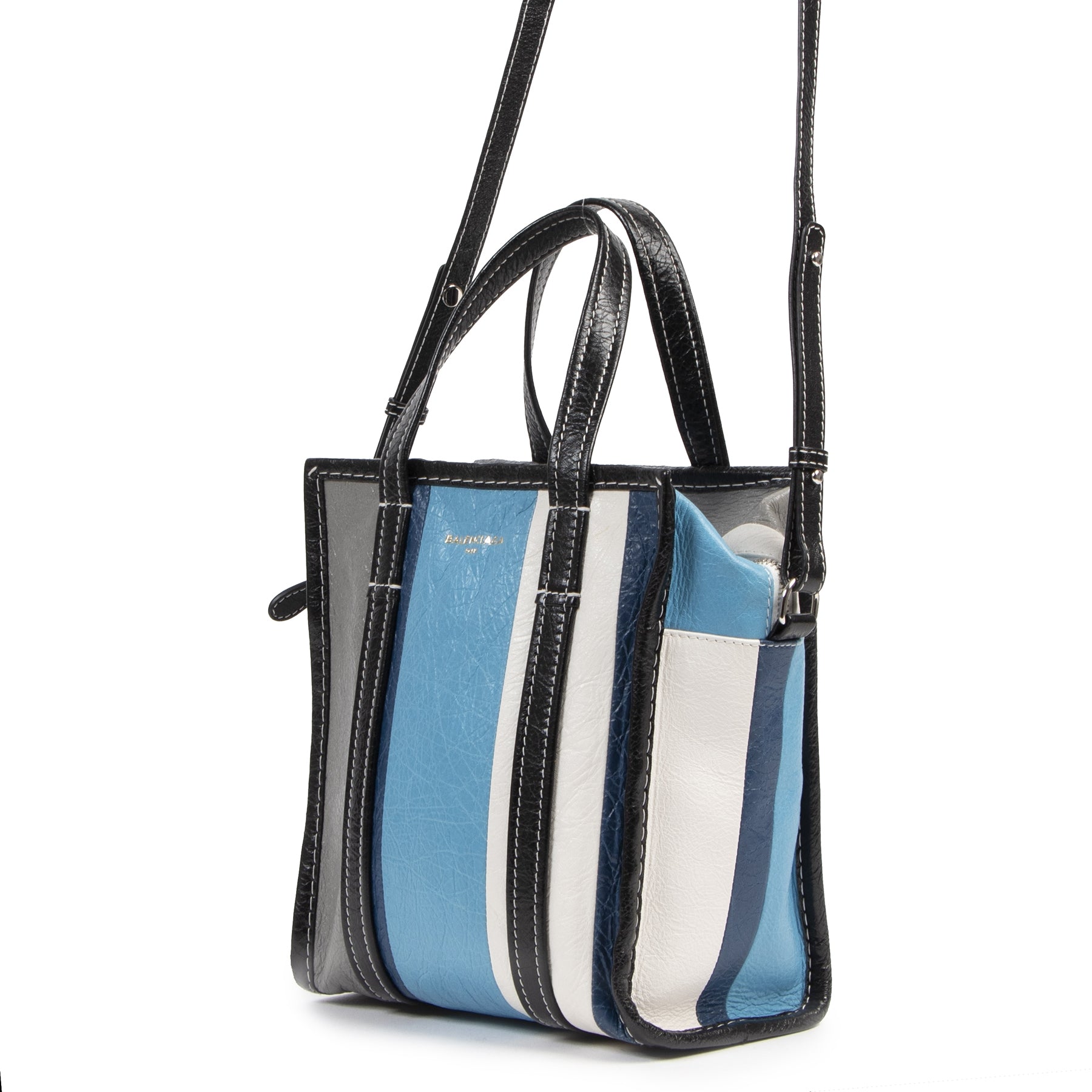 Authentieke Tweedehands Balenciaga Blue Stripe Bazar Shopper Mini Tote Bag juiste prijs veilig online shoppen luxe merken webshop winkelen Antwerpen België mode fashion