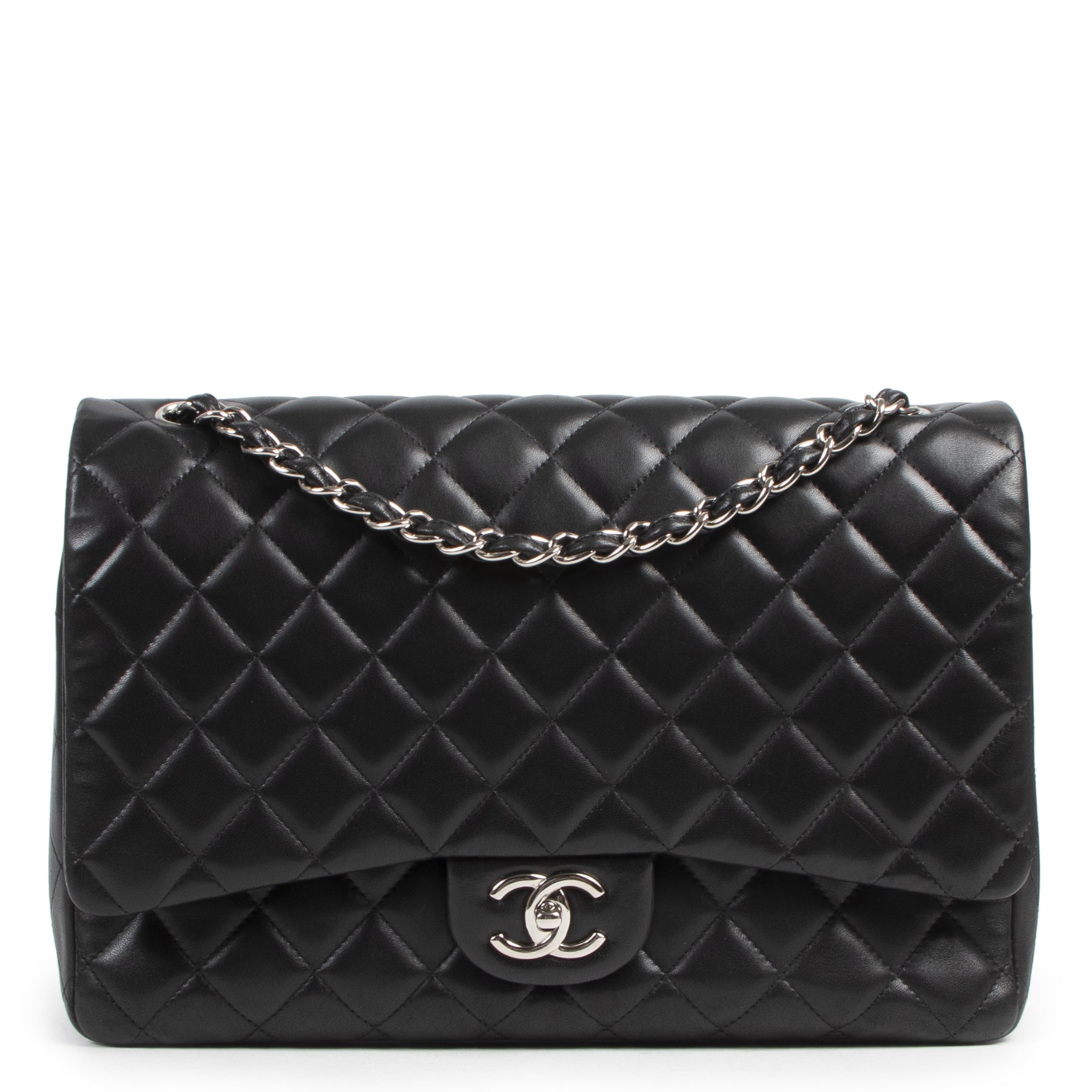 Chanel Black Lambskin Classic Flapbag Maxi PHW at Labellov online secondhand Luxury webshop safe and secure online Antwerp