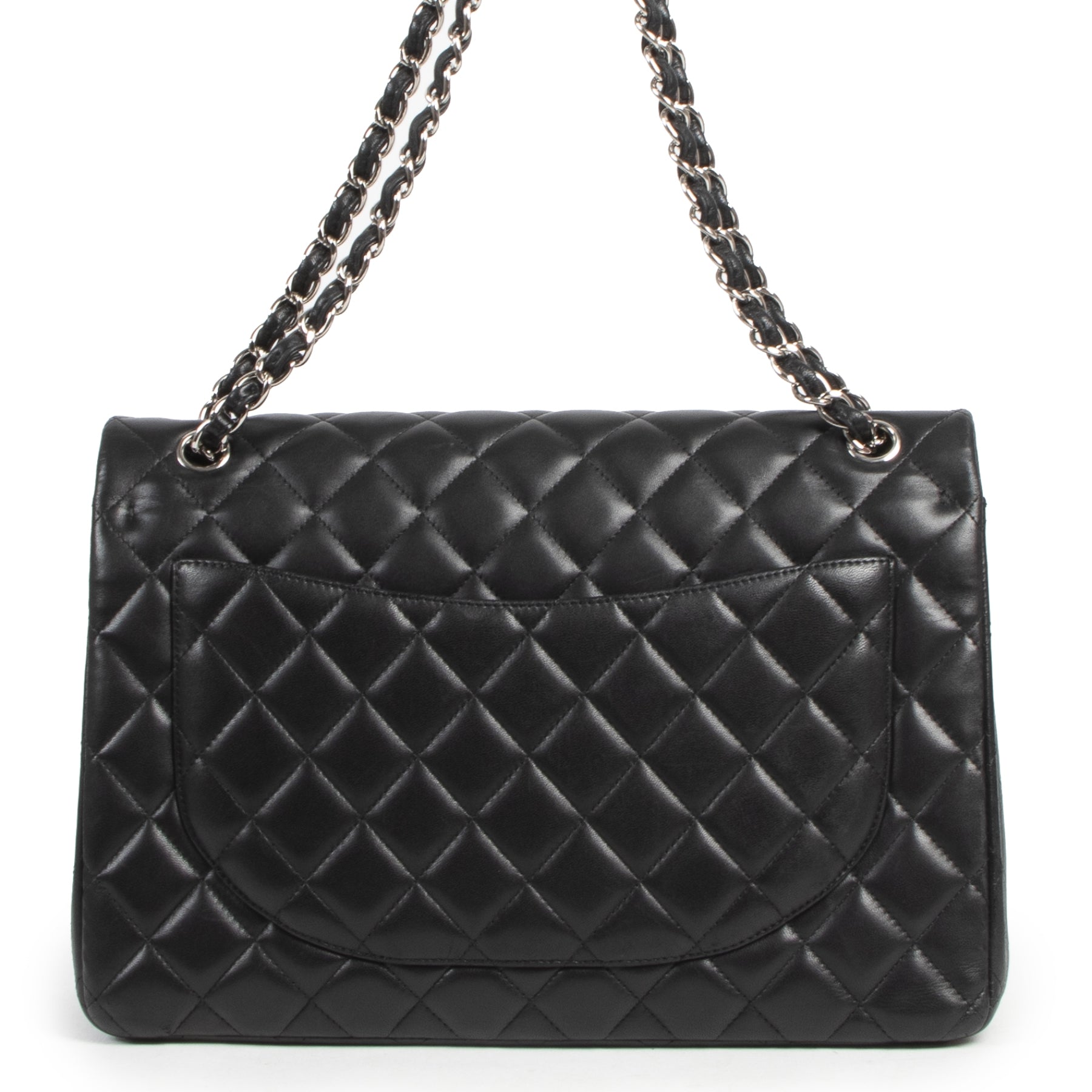 Chanel Black Lambskin Classic Flapbag Maxi PHW aan de juiste prijs online in alle veiligheid bij Labellov tweedehands luxe handtassen Antwerpen