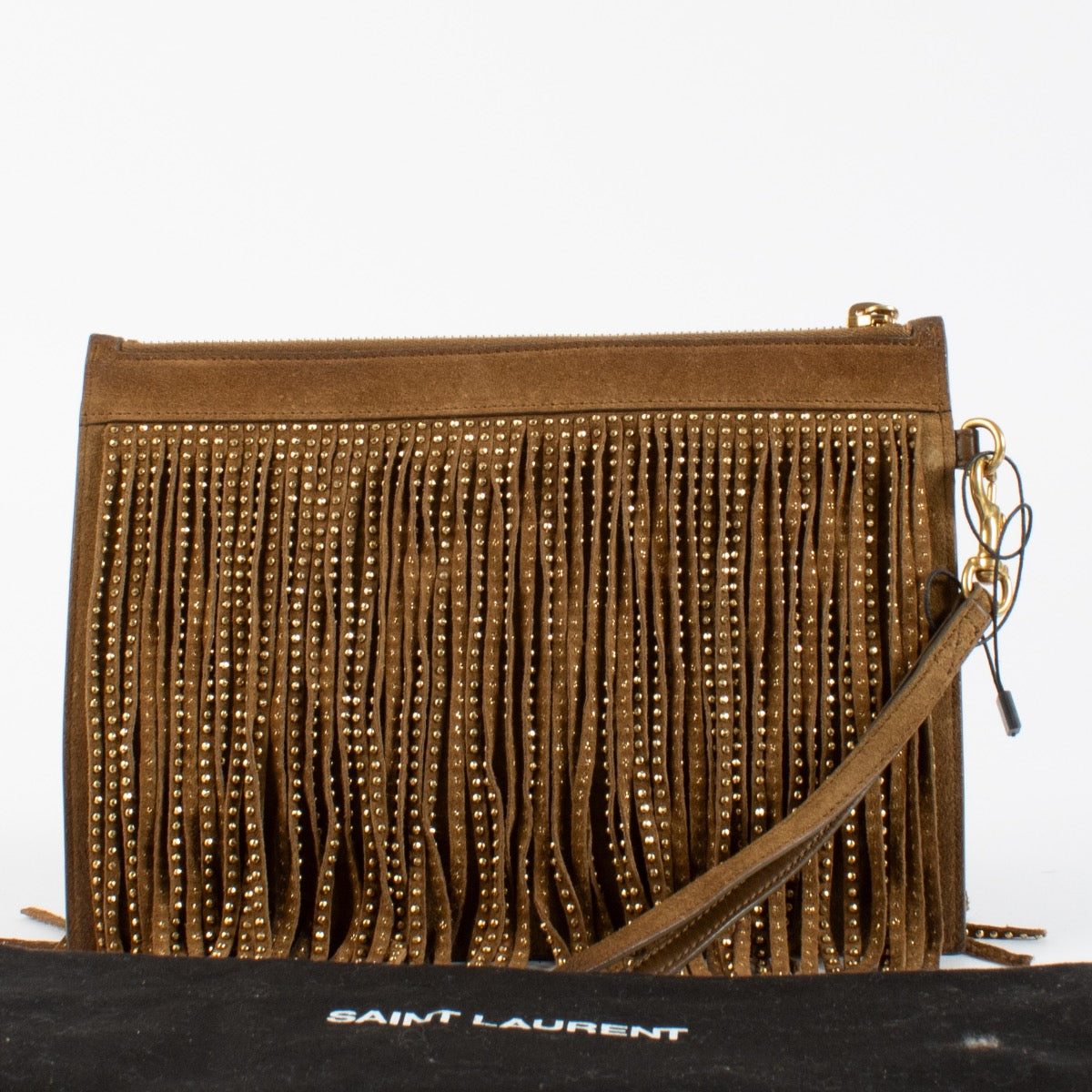 Saint Laurent Camel Suède Clutch met Studs en Franjes