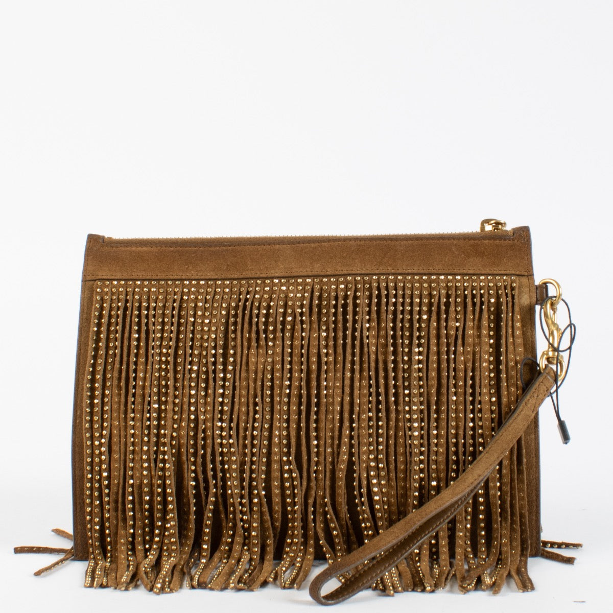 Saint Laurent Camel Suède Clutch met Studs en Franjes
