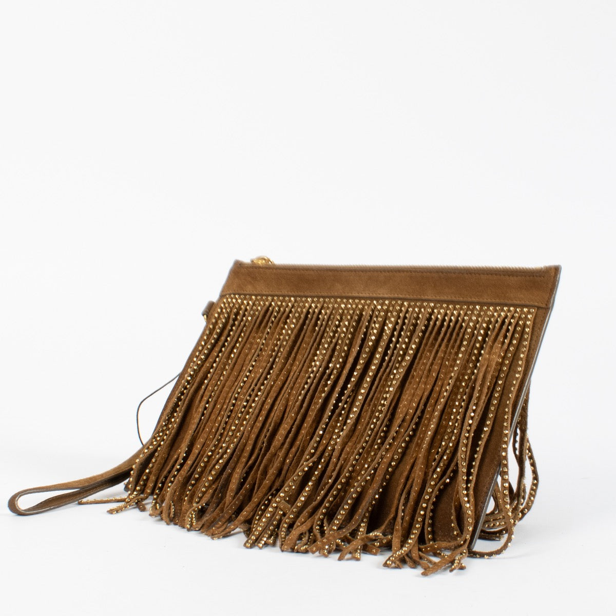 Saint Laurent Camel Suède Clutch met Studs en Franjes