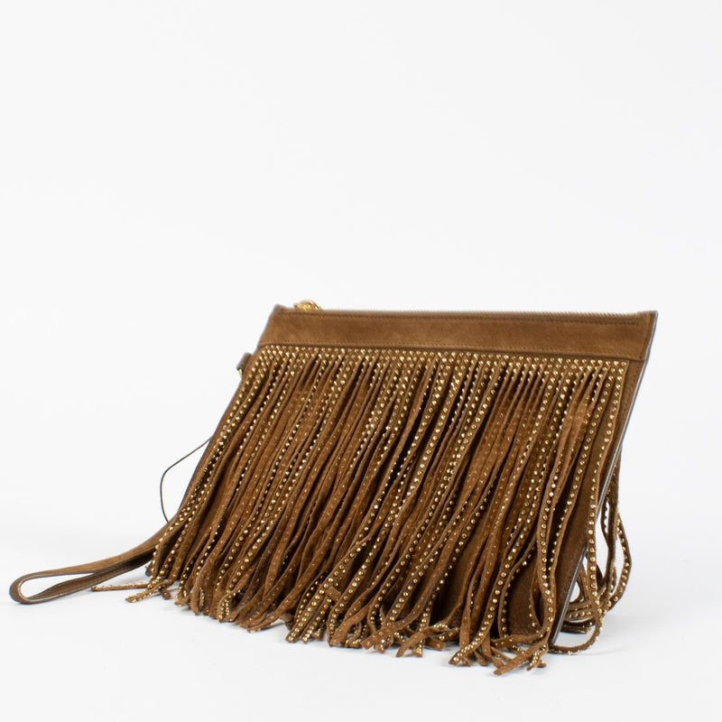 Saint Laurent Camel Suede Studded Fringe Clutch