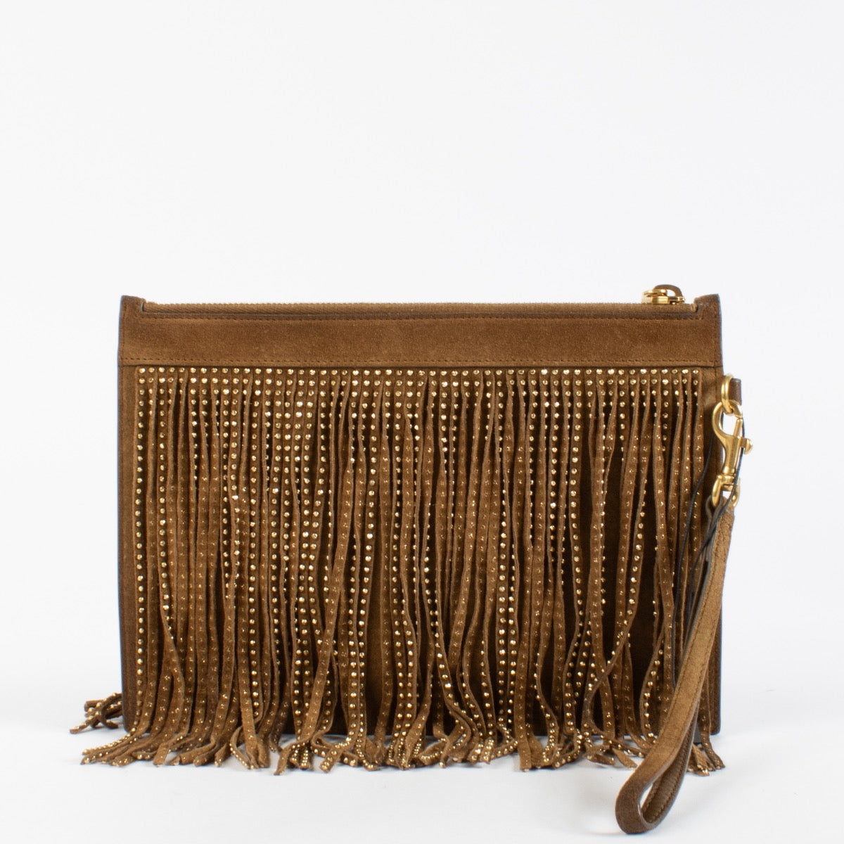 Saint Laurent Camel Suède Clutch met Studs en Franjes