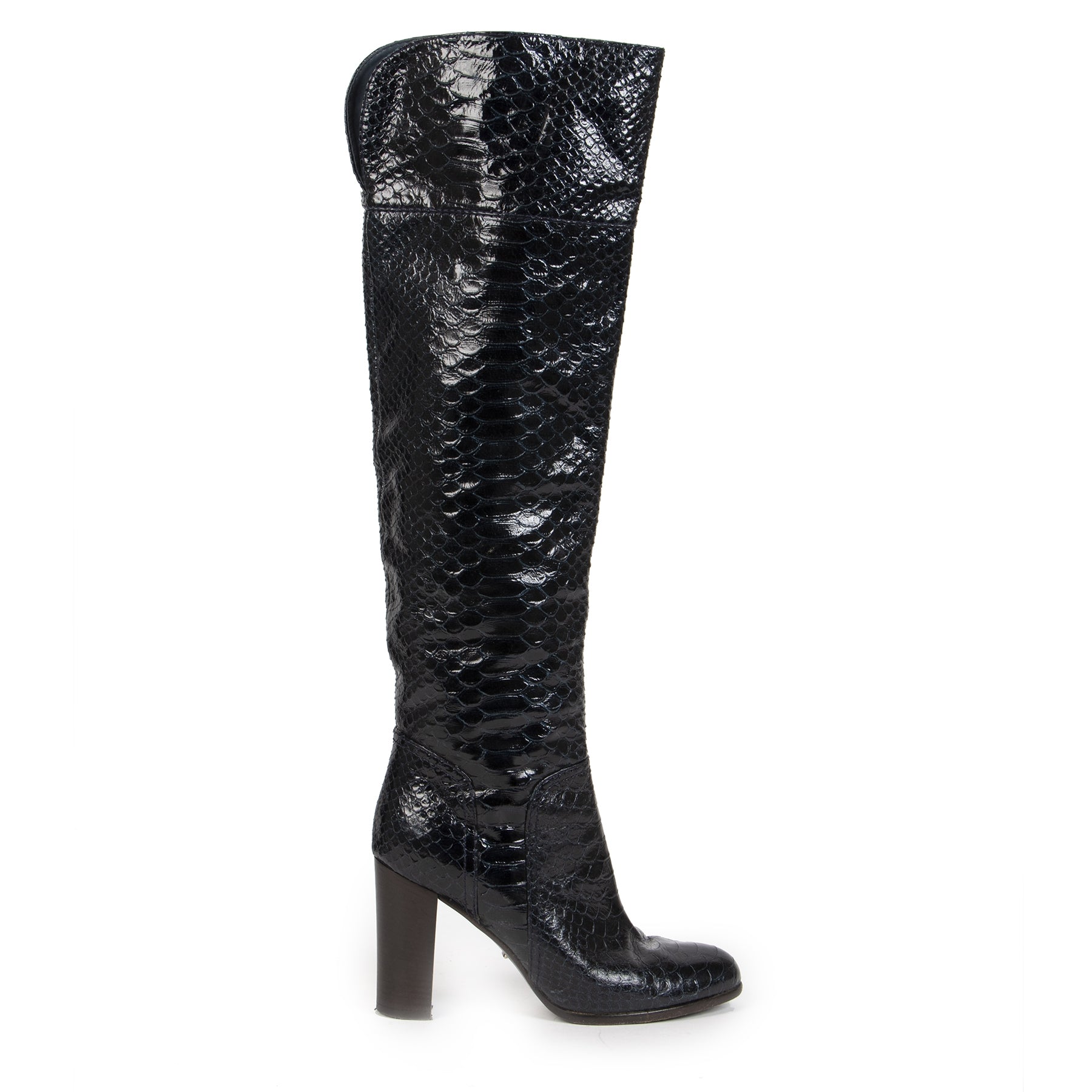 Authentieke Tweedehands Sergio Rossi Blue Python Knee Boots - Size 39,5 juiste prijs veilig online shoppen luxe merken webshop winkelen Antwerpen België mode fashion