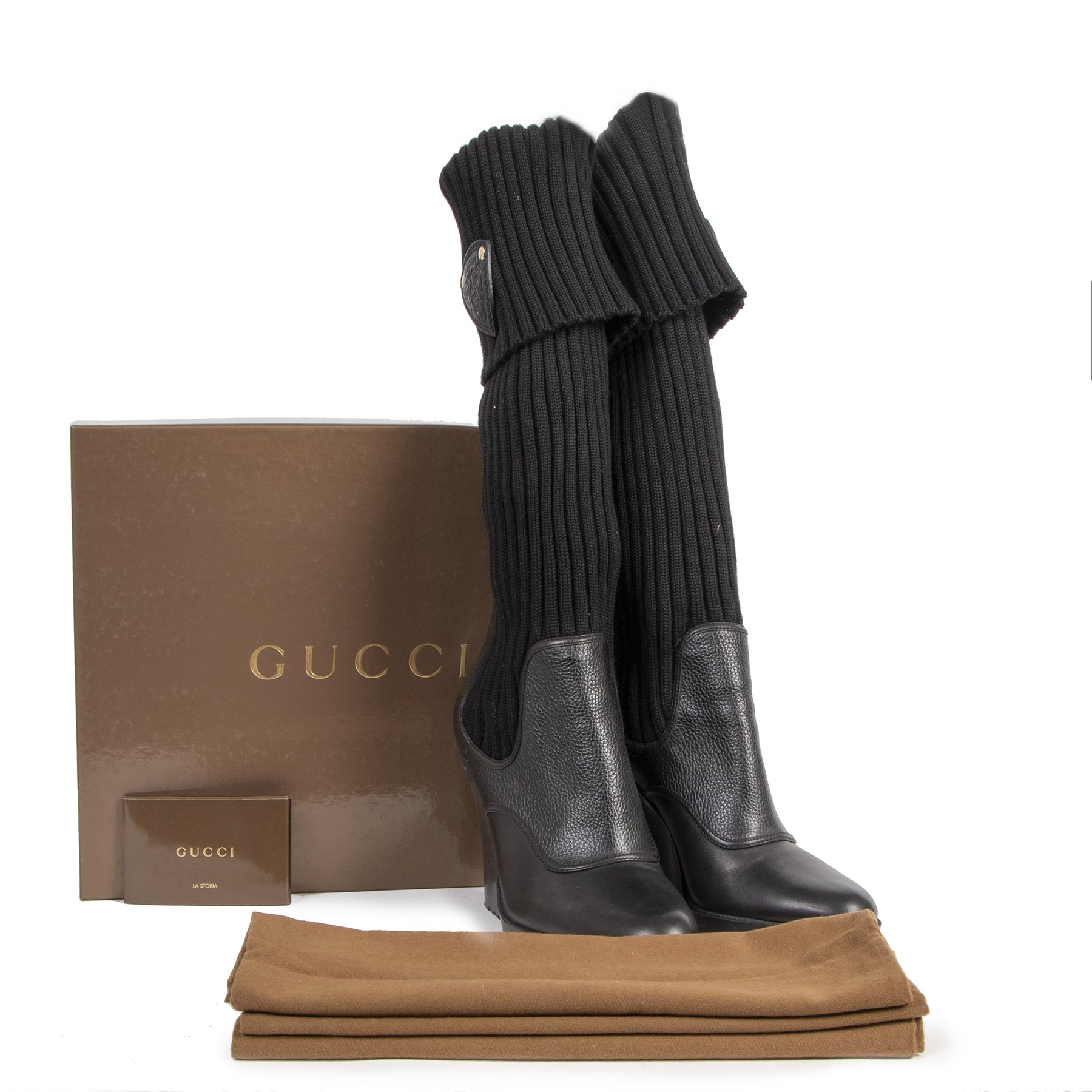 Authentic secondhand Gucci Black Leather Wedge Sock Boots - size 41 designer shoes heels luxury vintage webshop safe secure online shopping worldwide shipping