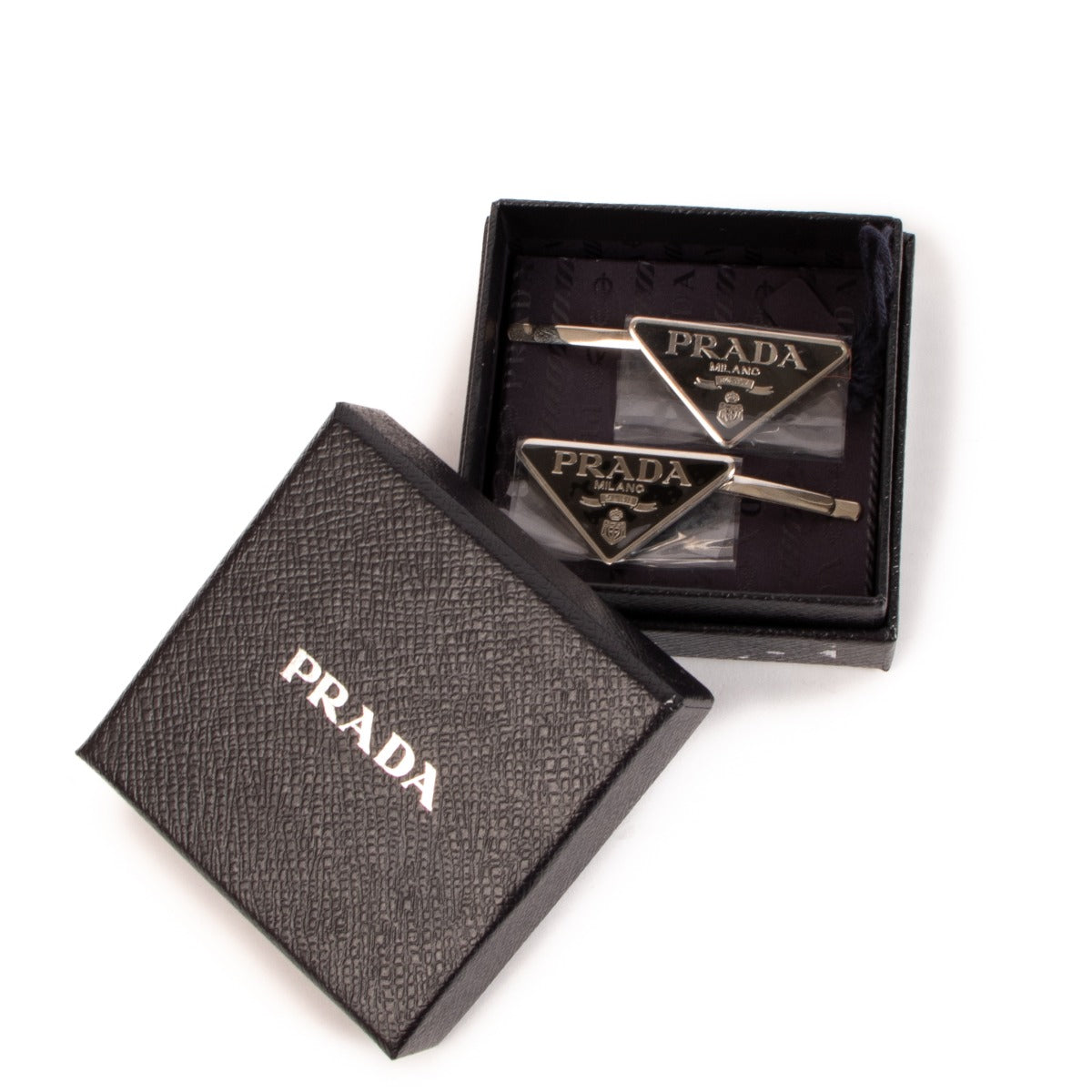 Prada Black Metal Triangle Logo Hair Clips