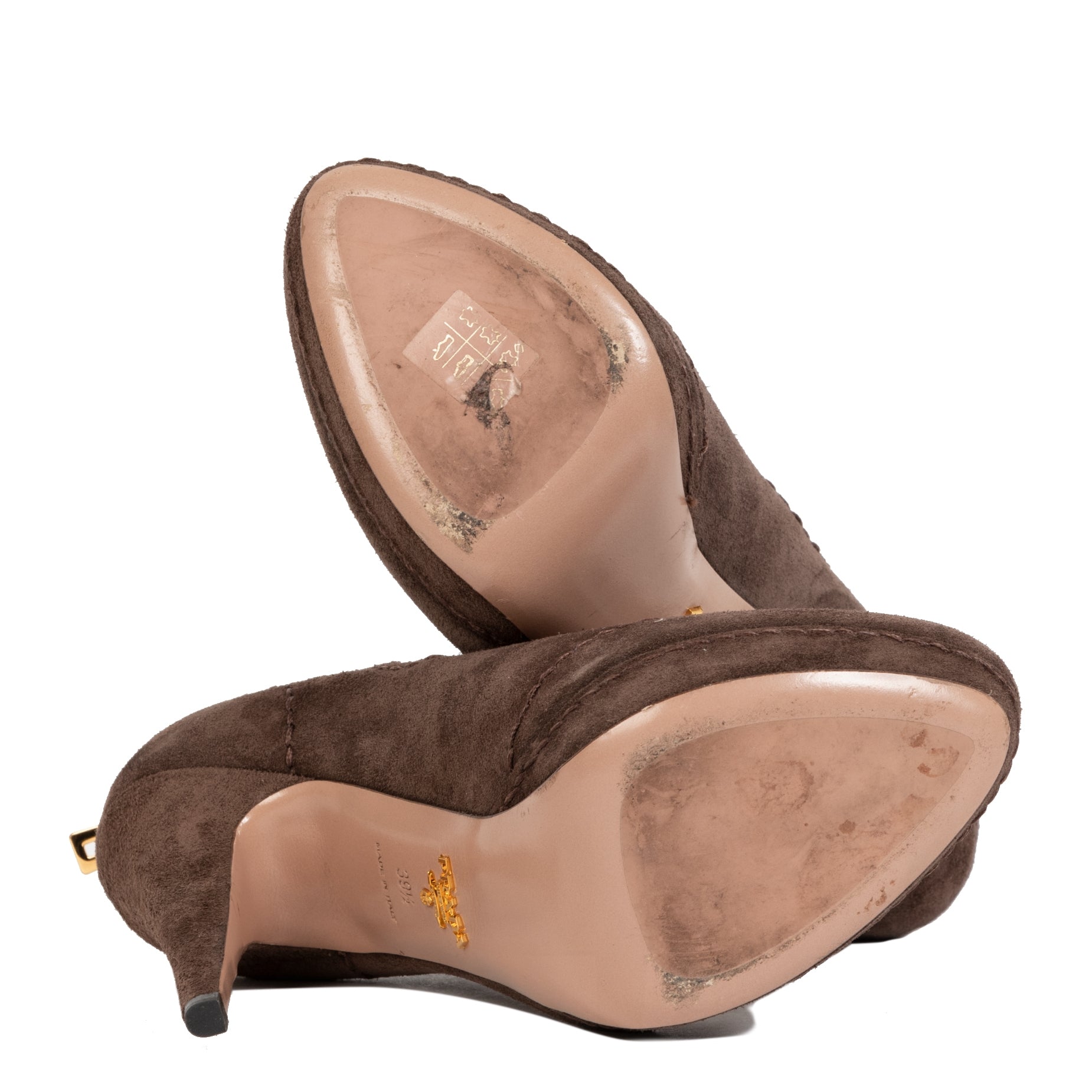 Authentieke Tweedehands Prada Brown Suede Heels - Size 39,5 juiste prijs veilig online shoppen luxe merken webshop winkelen Antwerpen België mode fashion