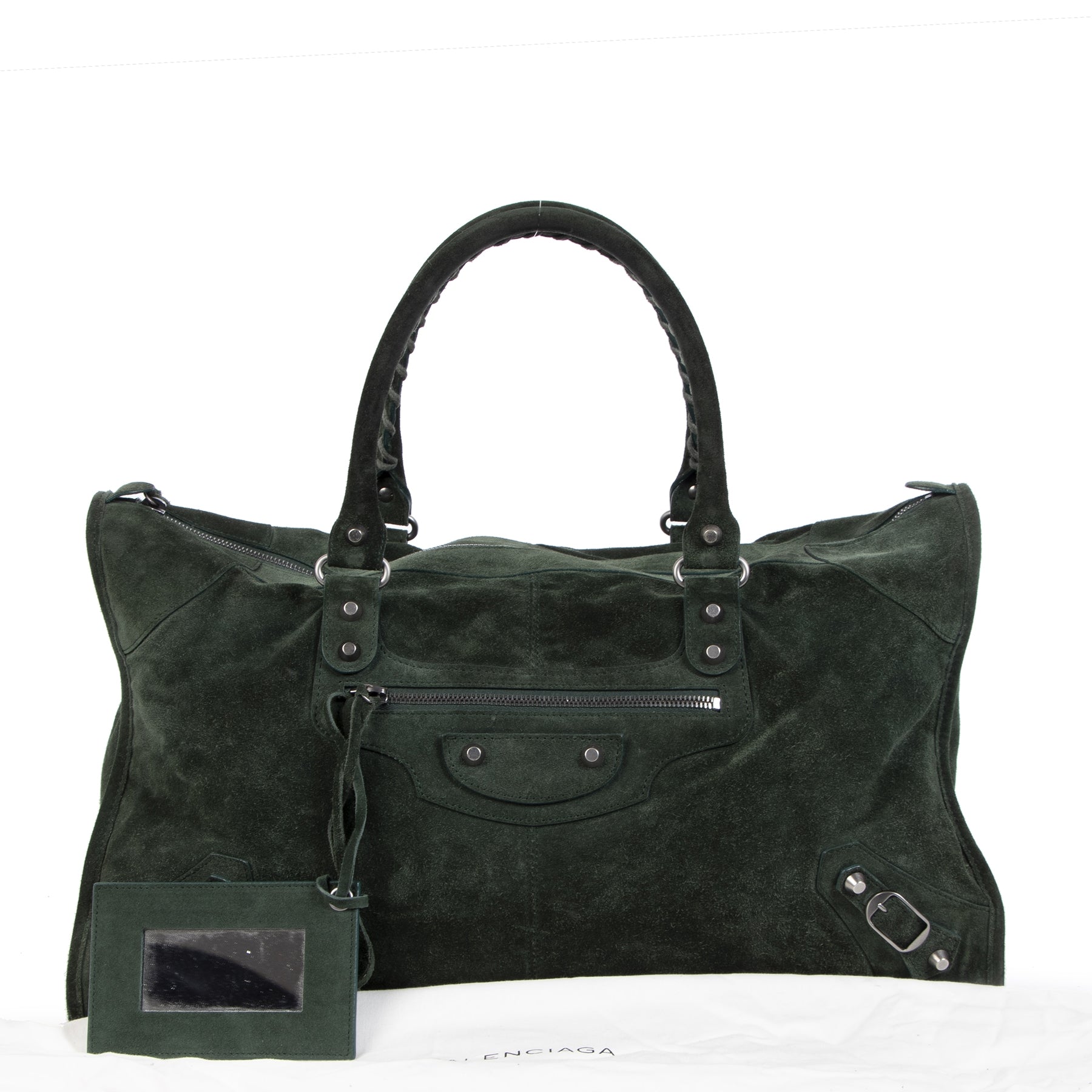 koop jou tweedehands Balenciaga Dark Green Suede Work Bag veilig online