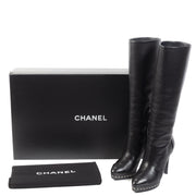 Authentieke Tweedehands Chanel Chain Platform Black Leather Boots juiste prijs veilig online shoppen luxe merken webshop winkelen Antwerpen België mode fashion