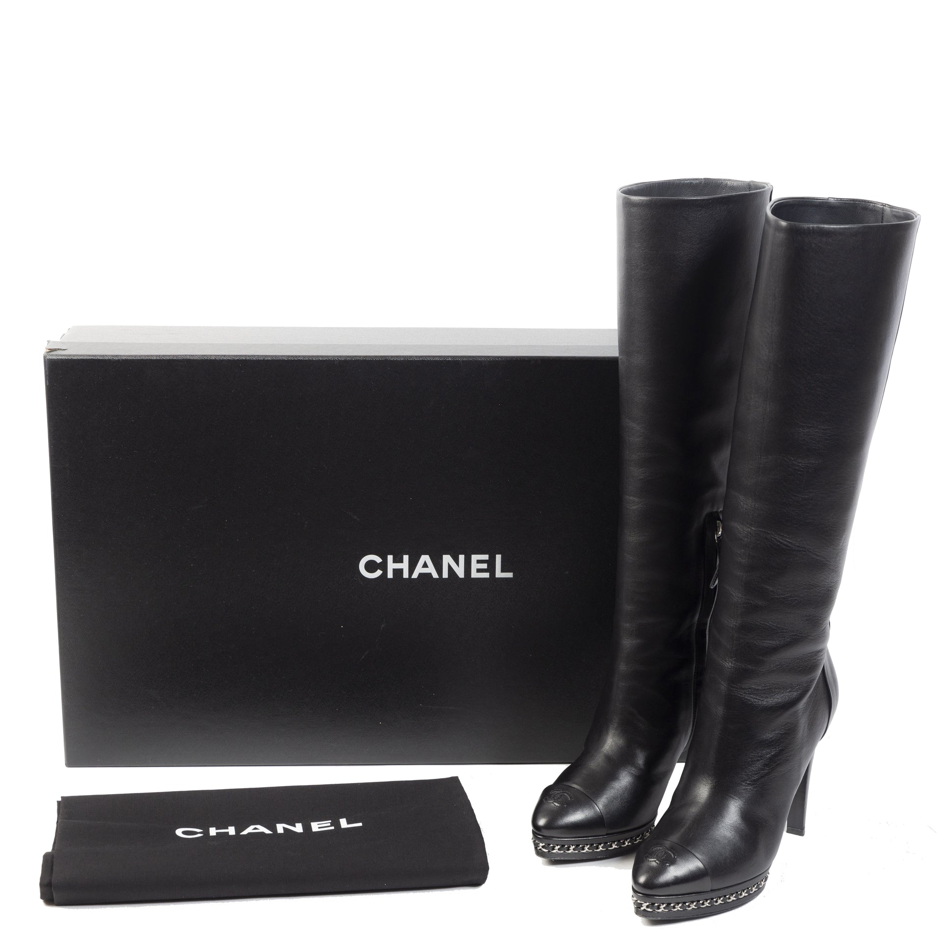 Authentieke Tweedehands Chanel Chain Platform Black Leather Boots juiste prijs veilig online shoppen luxe merken webshop winkelen Antwerpen België mode fashion