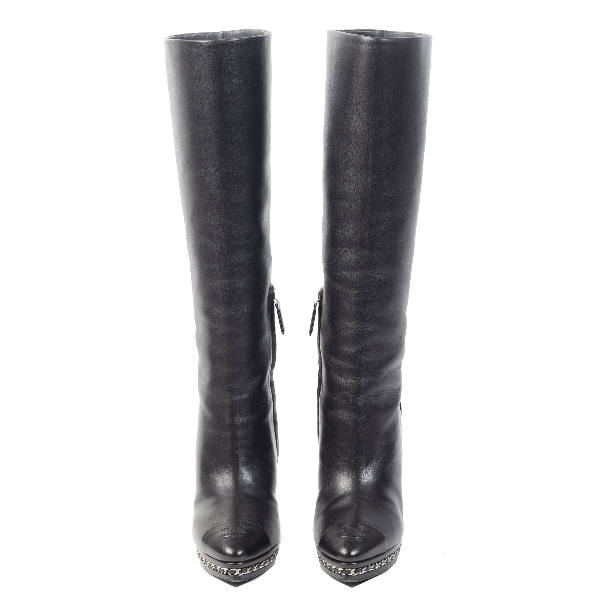Authentieke Tweedehands Chanel Chain Platform Black Leather Boots juiste prijs veilig online shoppen luxe merken webshop winkelen Antwerpen België mode fashion