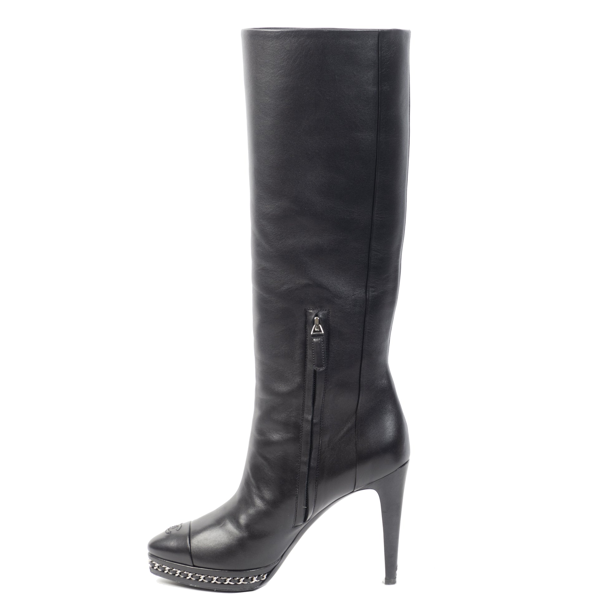 Authentieke Tweedehands Chanel Chain Platform Black Leather Boots juiste prijs veilig online shoppen luxe merken webshop winkelen Antwerpen België mode fashion