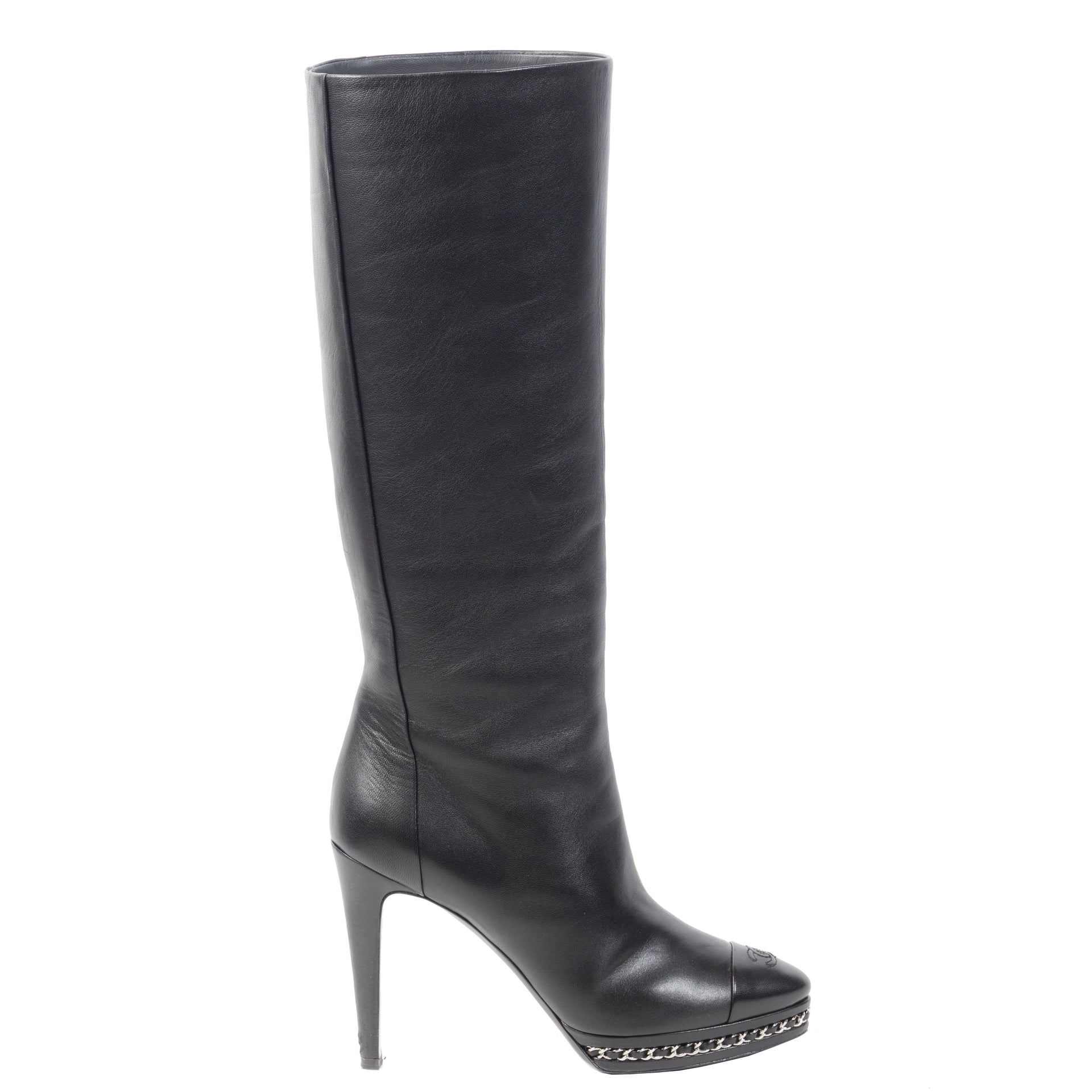Authentieke Tweedehands Chanel Chain Platform Black Leather Boots juiste prijs veilig online shoppen luxe merken webshop winkelen Antwerpen België mode fashion