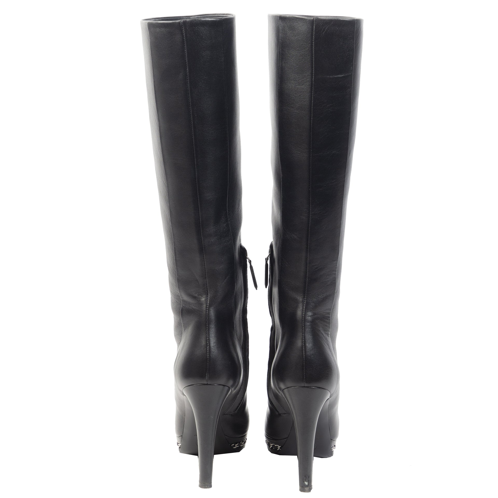 Authentieke Tweedehands Chanel Chain Platform Black Leather Boots juiste prijs veilig online shoppen luxe merken webshop winkelen Antwerpen België mode fashion