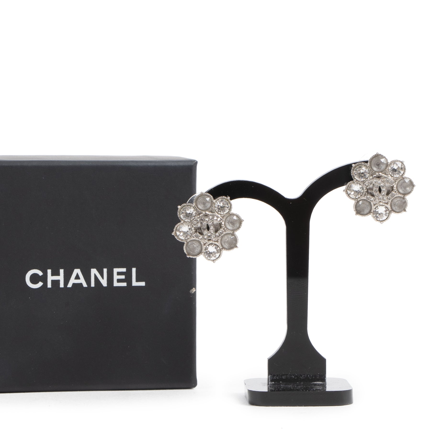 Chanel Silver Crystal Flower Earrings