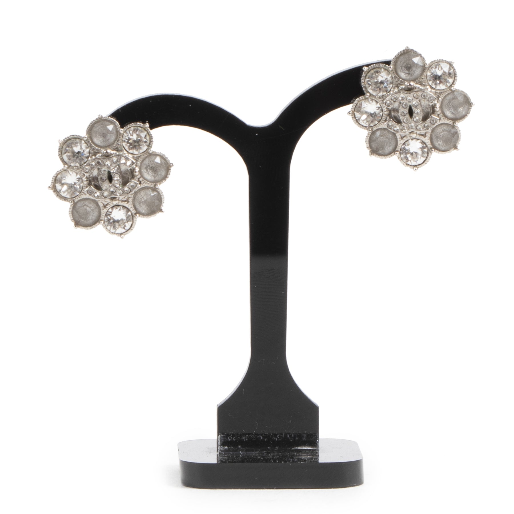 Chanel Silver Crystal Flower Earrings for the best price online available
