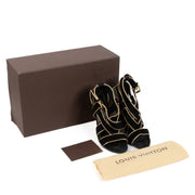 Louis Vuitton Black Gold Suede Strappy Wedge Sandals