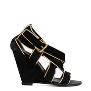 Louis Vuitton Black Gold Suede Strappy Wedge Sandals