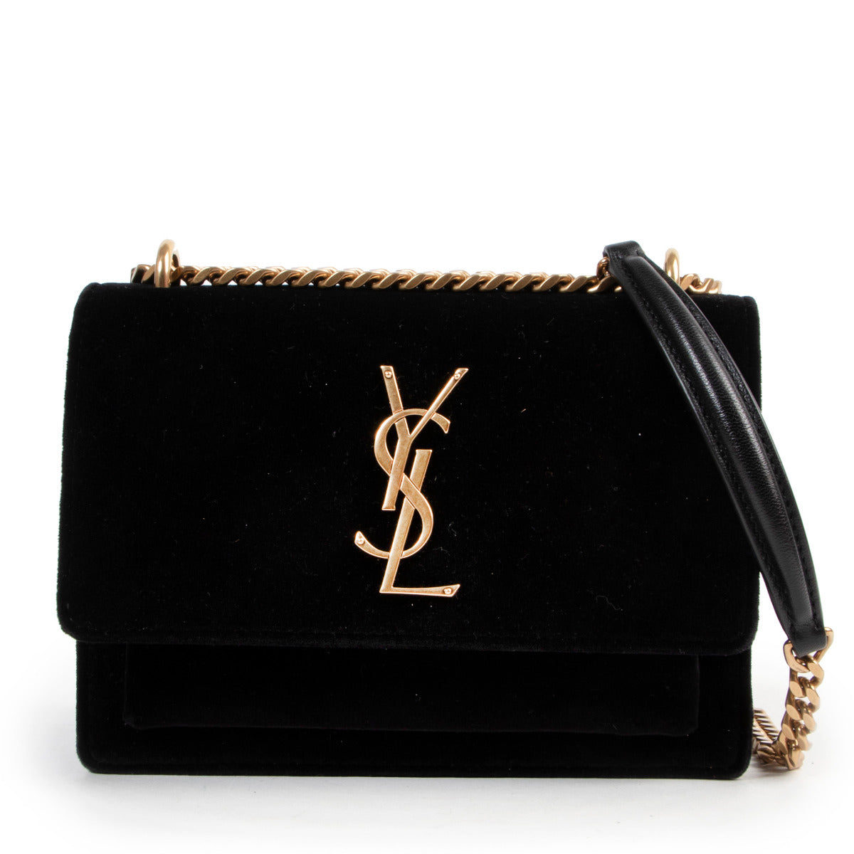 Saint Laurent Black Small Velvet Sunset Bag or the best price at Labellov secondhand luxury in Antwerp