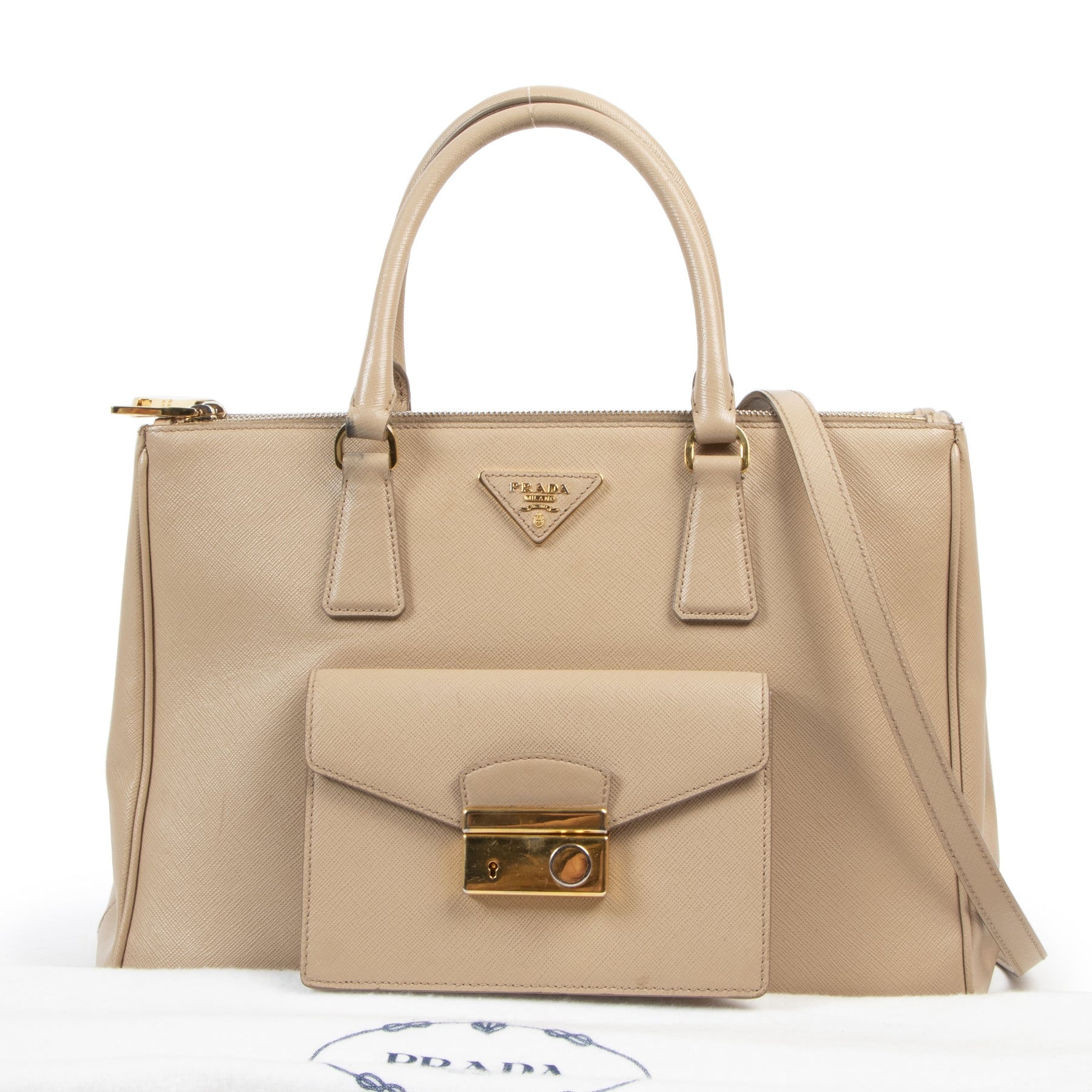 Prada Beige Saffiano Galleria Front Pocket Tote