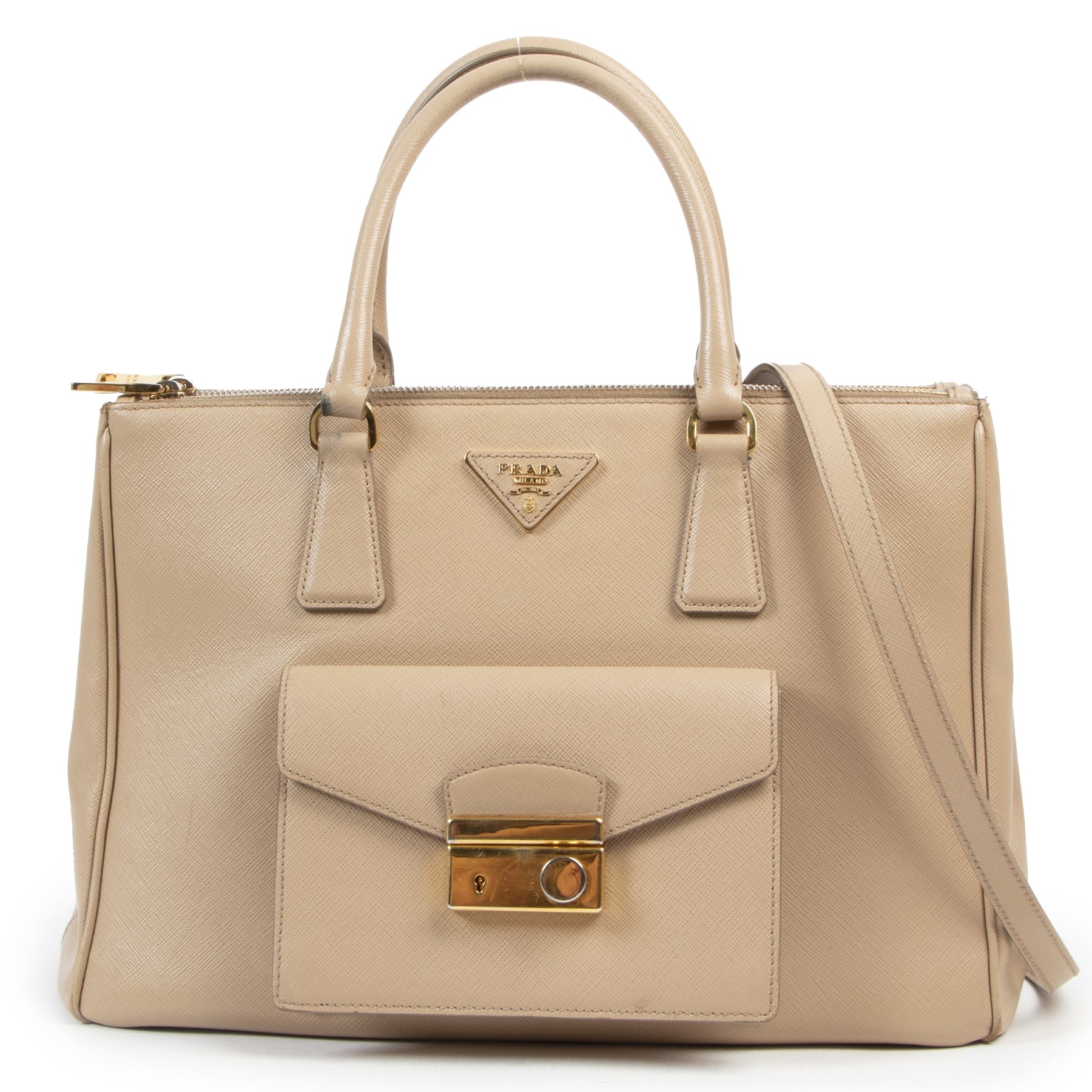 shop safe onine Prada Beige Saffiano Galleria Front Pocket Tote
