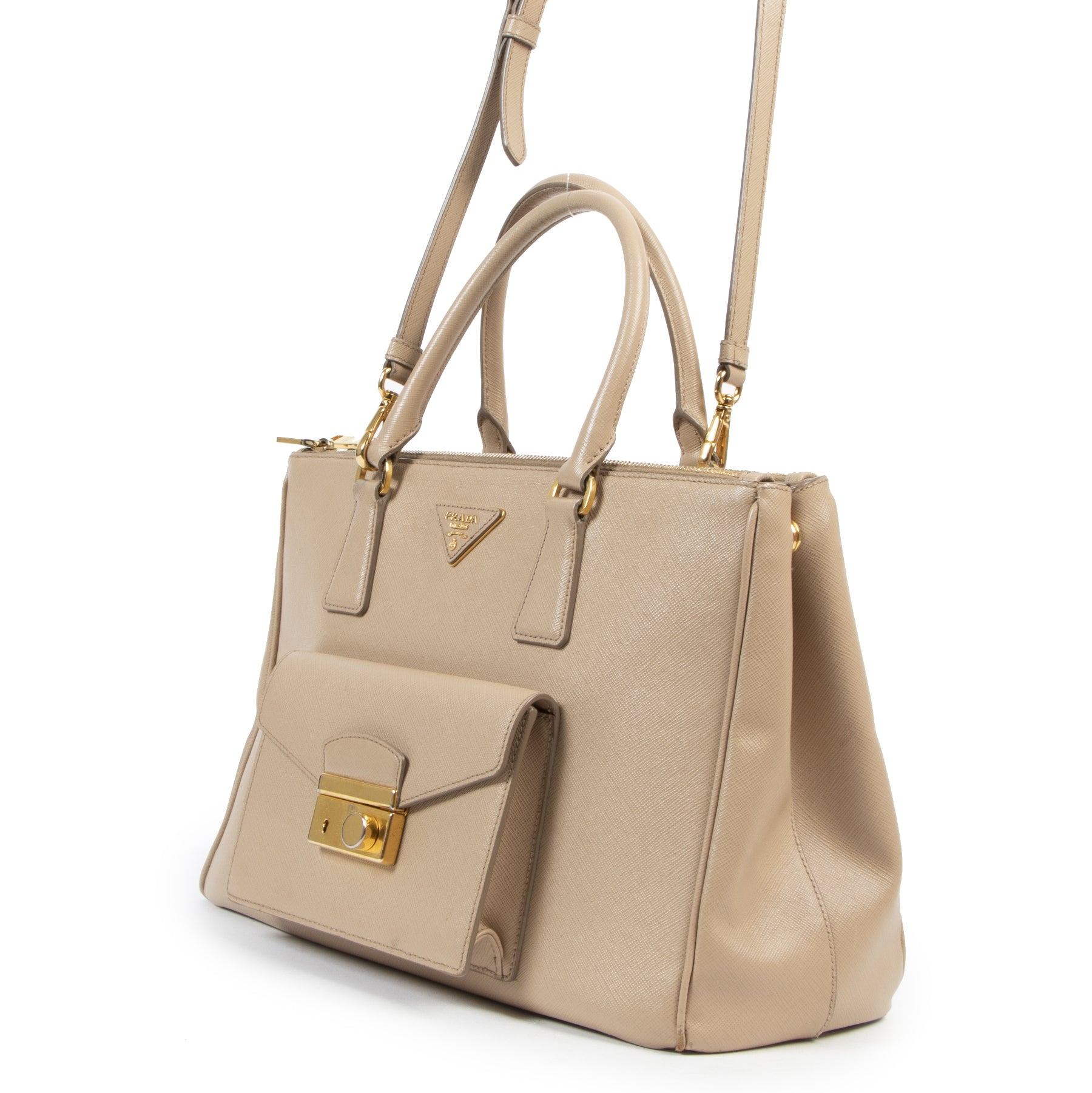 Prada Beige Saffiano Galleria Front Pocket Tote
