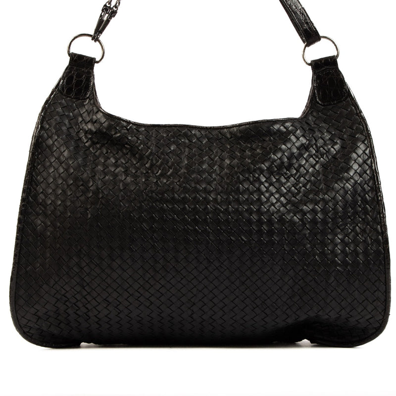Bottega Veneta Black Intrecciato/Crocodile Trim Large Hobo Bag